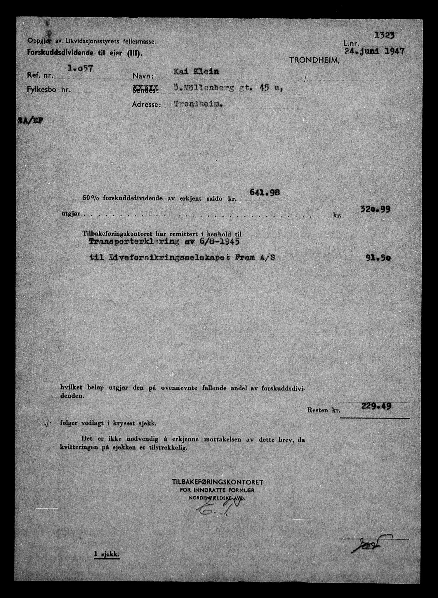 Justisdepartementet, Tilbakeføringskontoret for inndratte formuer, AV/RA-S-1564/H/Hc/Hca/L0900: --, 1945-1947, p. 350