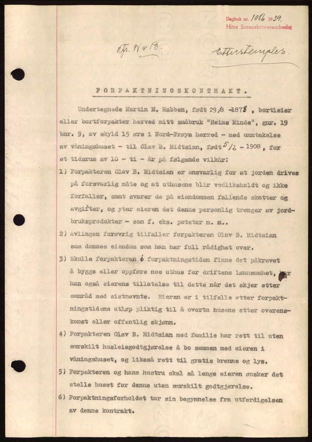 Hitra sorenskriveri, AV/SAT-A-0018/2/2C/2Ca: Mortgage book no. B1, 1939-1949, Diary no: : 1086/1939