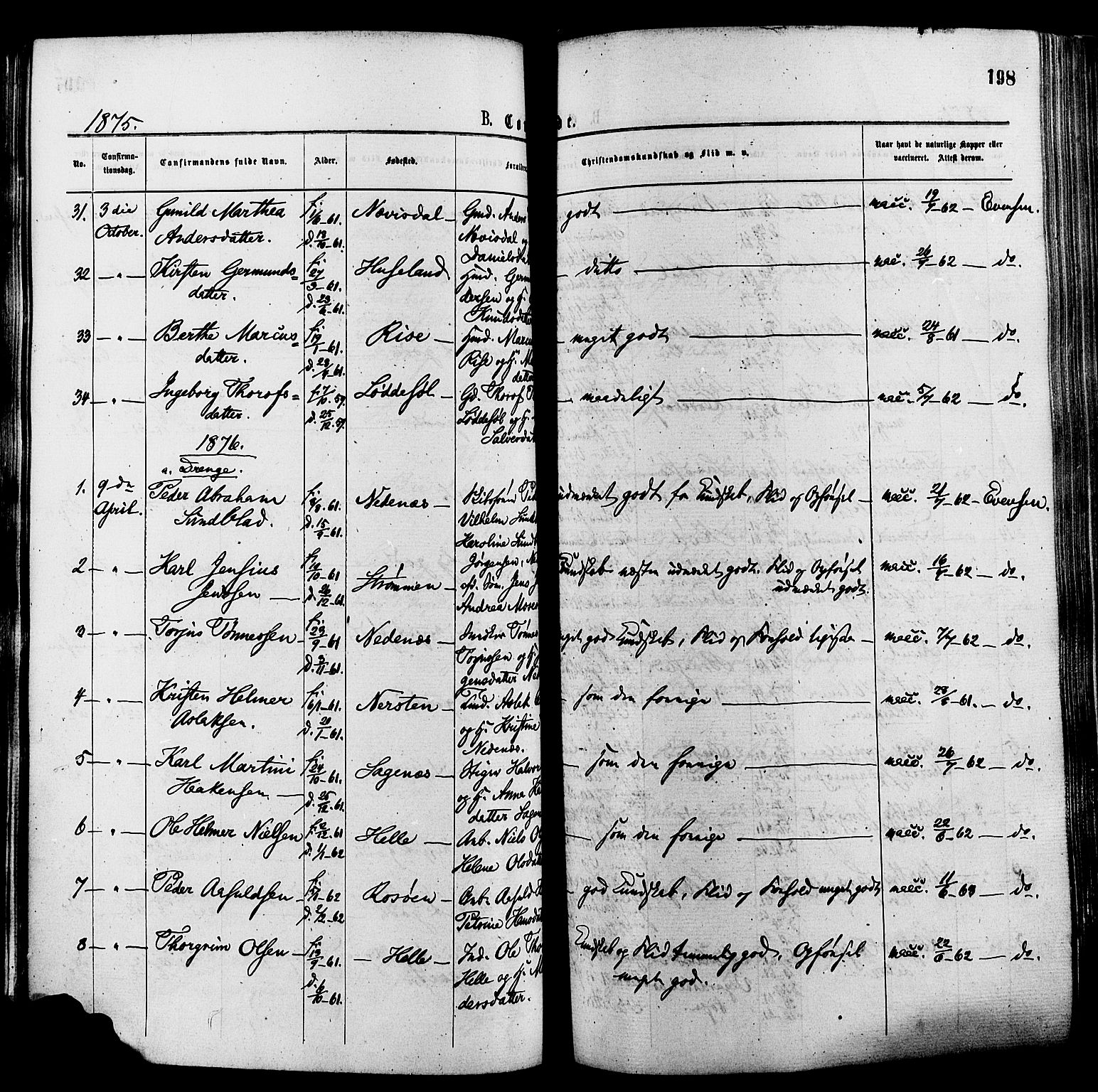 Øyestad sokneprestkontor, AV/SAK-1111-0049/F/Fa/L0016: Parish register (official) no. A 16, 1874-1886, p. 198