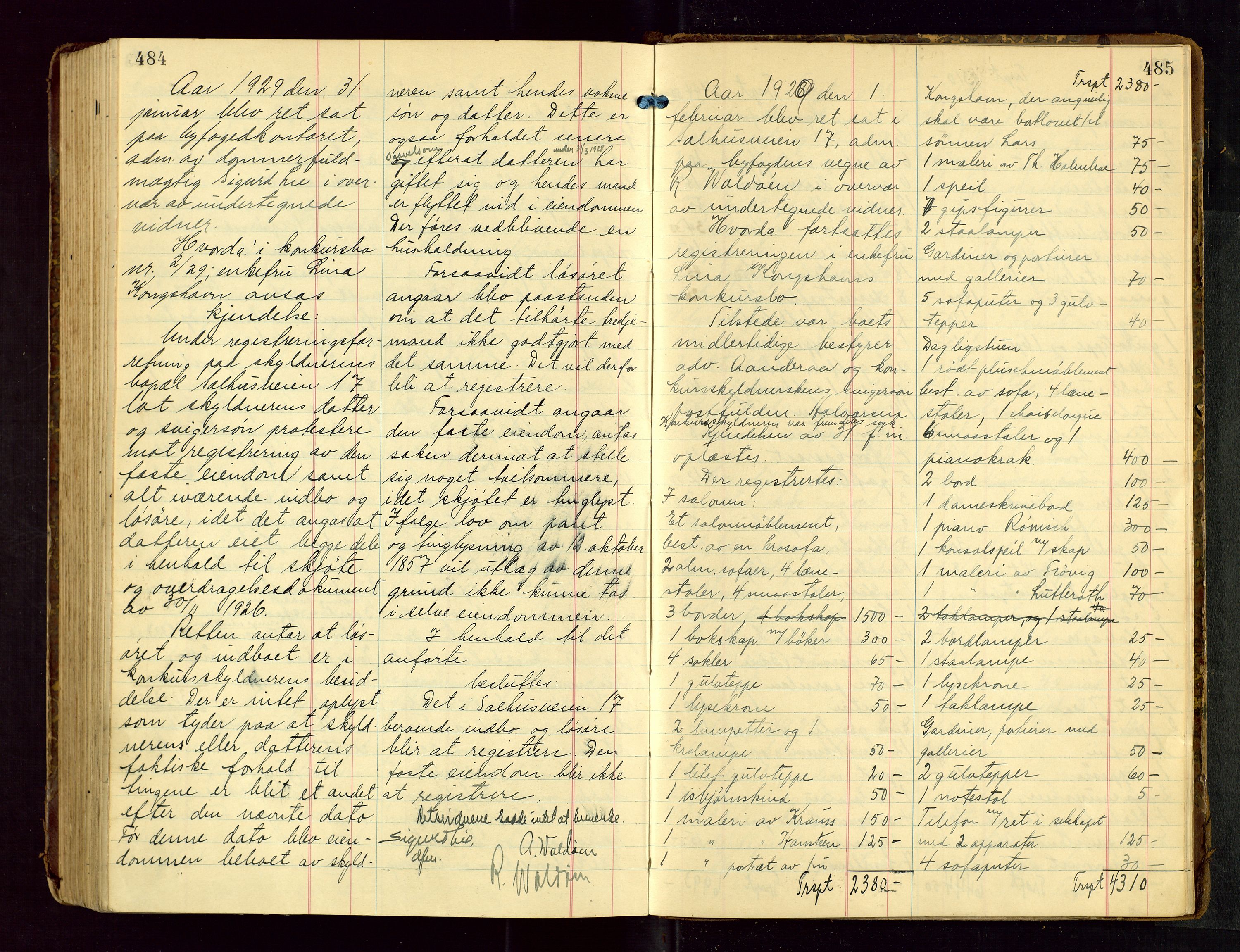 Haugesund tingrett, AV/SAST-A-101415/01/IV/IVB/L0005: Skifteregistreringsprotokoll, med register, 1923-1929, p. 484-485