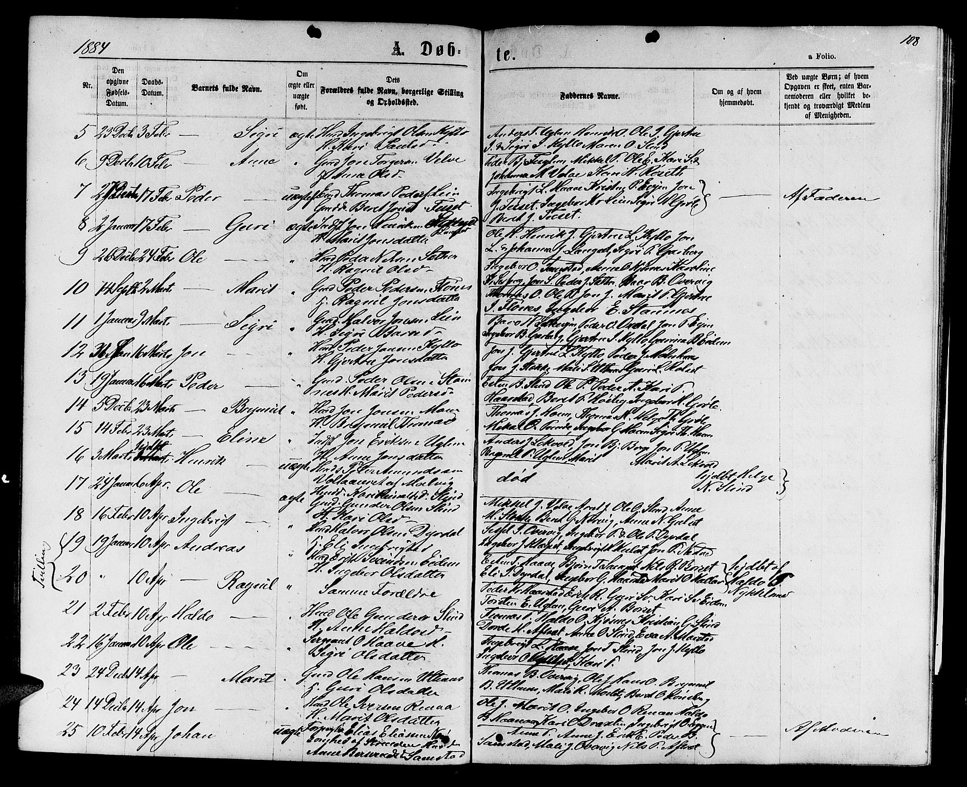 Ministerialprotokoller, klokkerbøker og fødselsregistre - Sør-Trøndelag, SAT/A-1456/695/L1156: Parish register (copy) no. 695C07, 1869-1888, p. 108