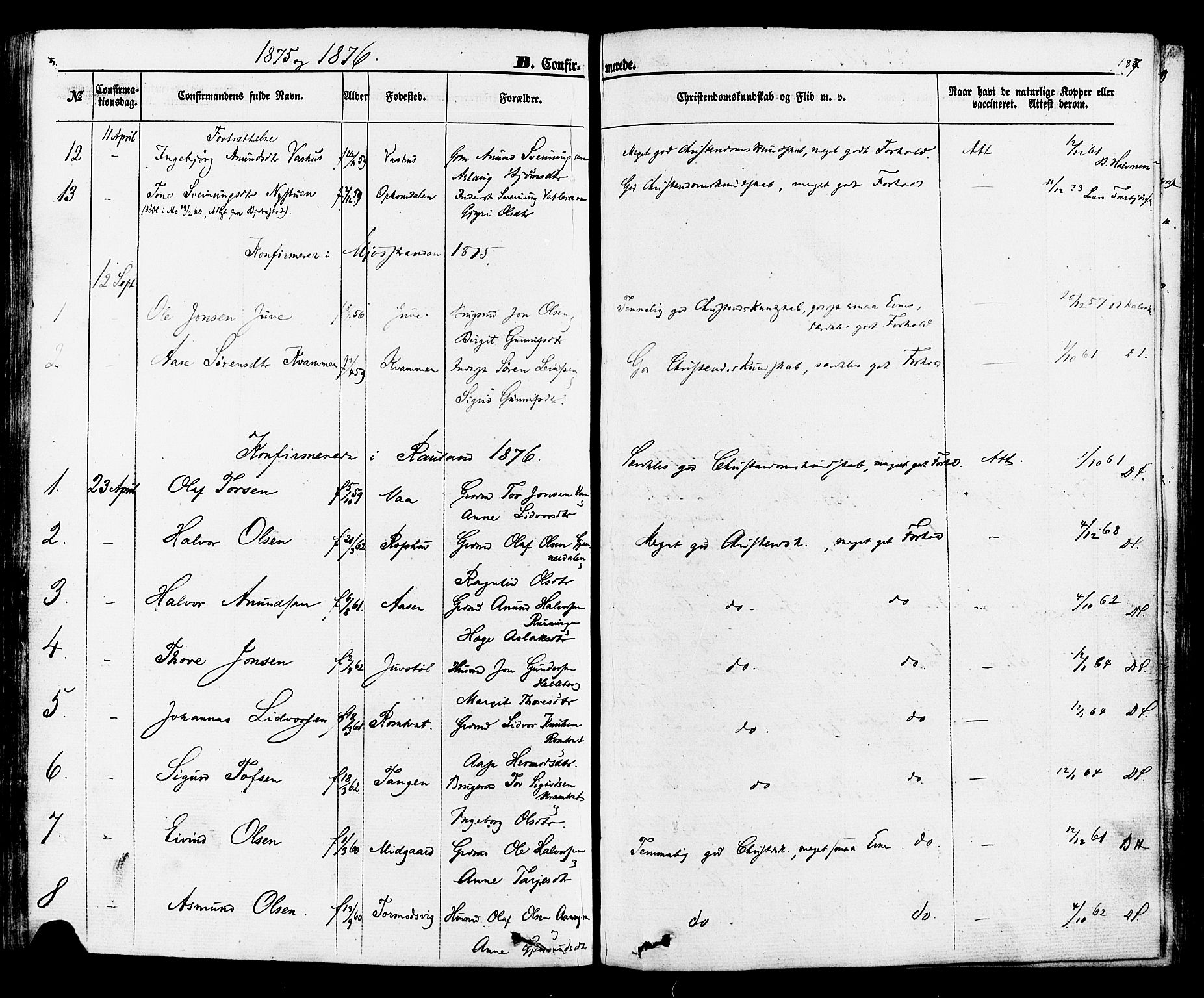 Rauland kirkebøker, SAKO/A-292/F/Fa/L0003: Parish register (official) no. 3, 1859-1886, p. 187