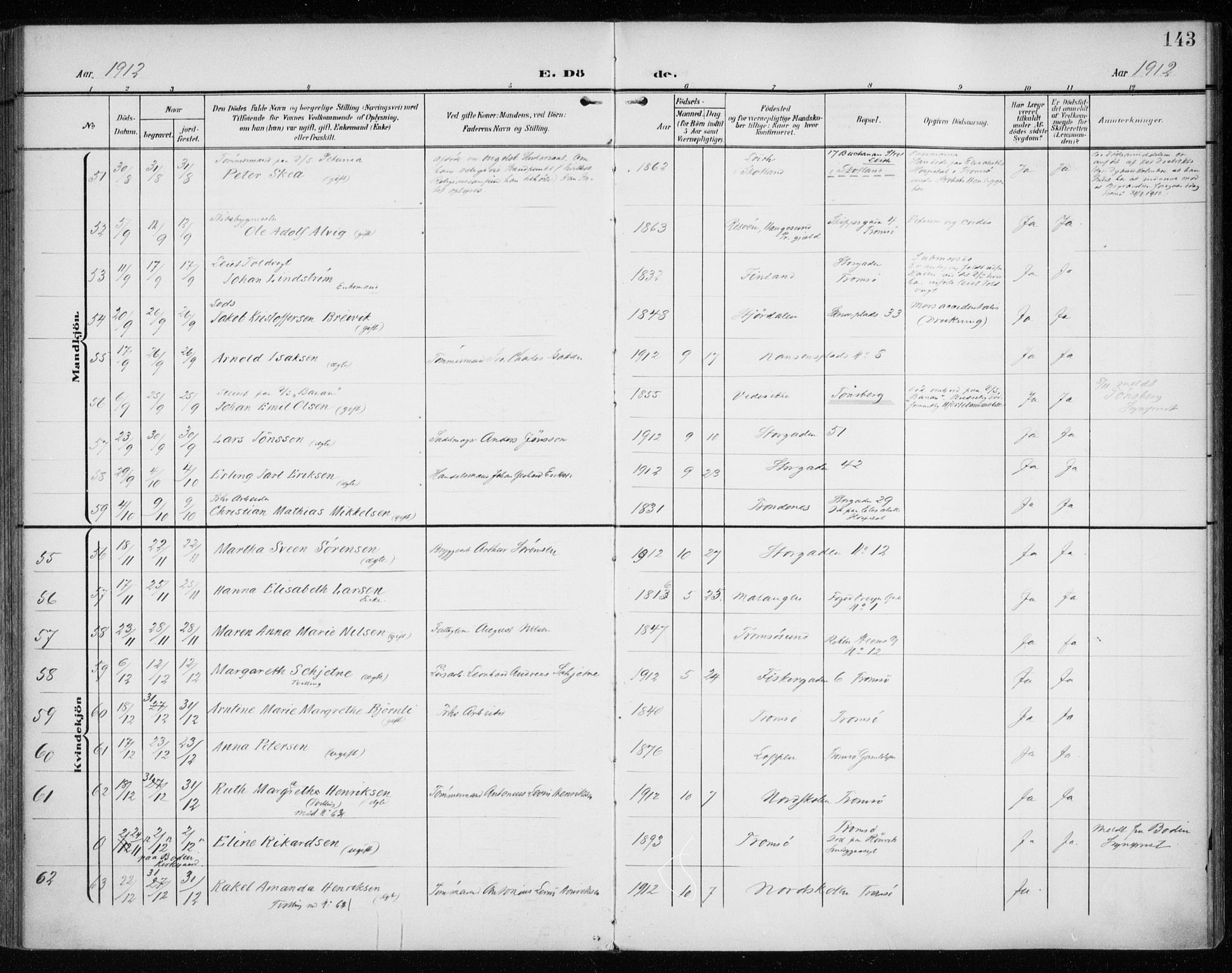 Tromsø sokneprestkontor/stiftsprosti/domprosti, AV/SATØ-S-1343/G/Ga/L0018kirke: Parish register (official) no. 18, 1907-1917, p. 143