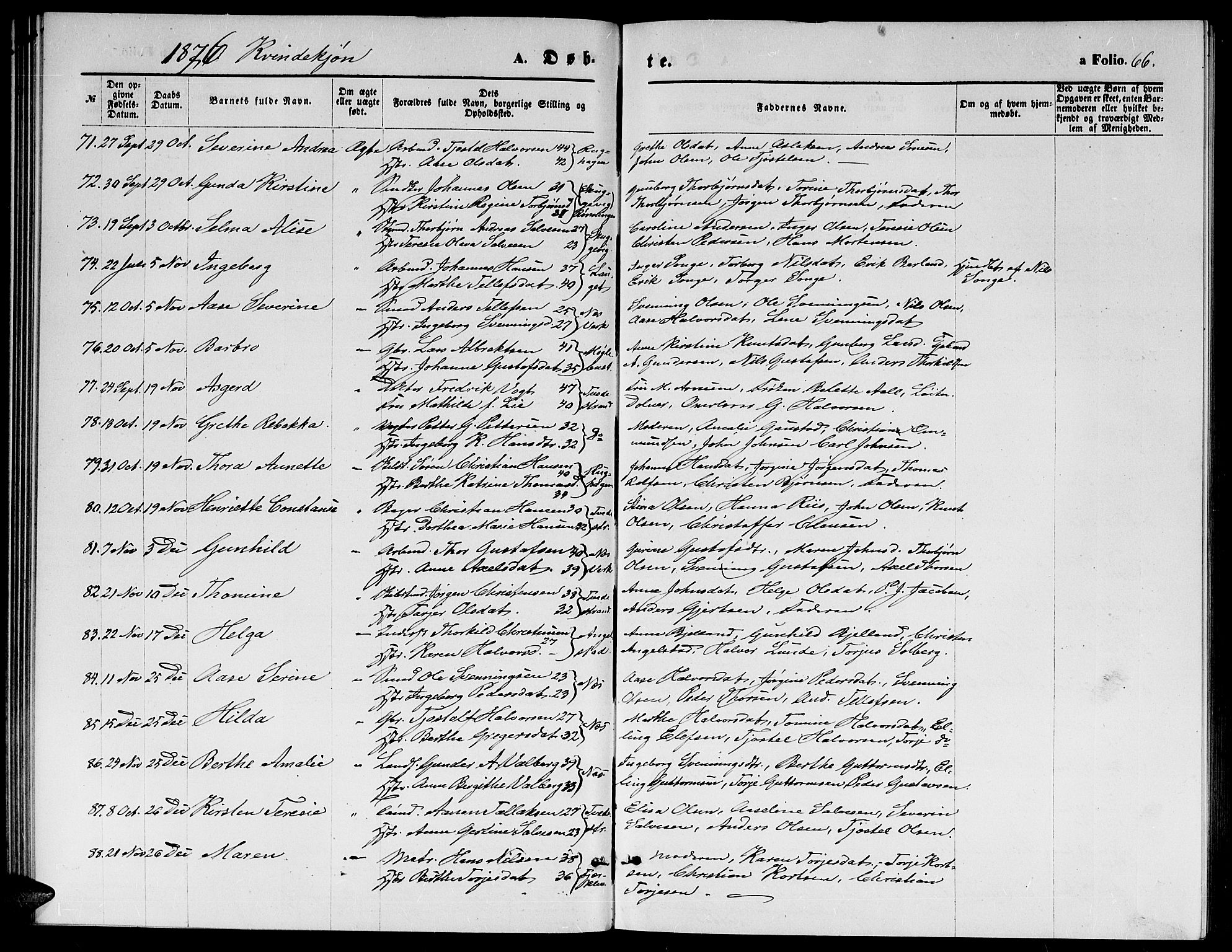 Holt sokneprestkontor, SAK/1111-0021/F/Fb/L0009: Parish register (copy) no. B 9, 1871-1883, p. 66