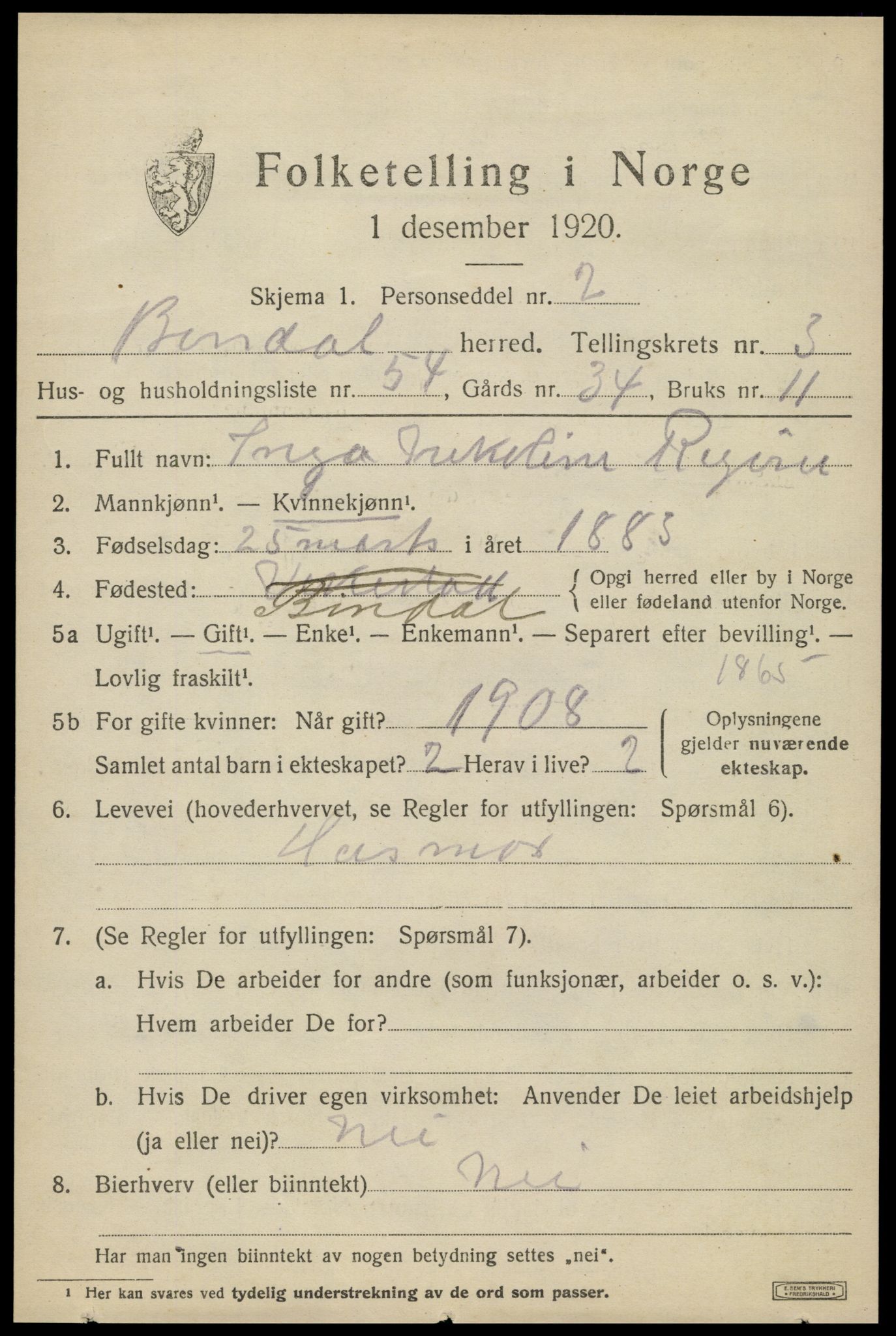 SAT, 1920 census for Bindal, 1920, p. 3305