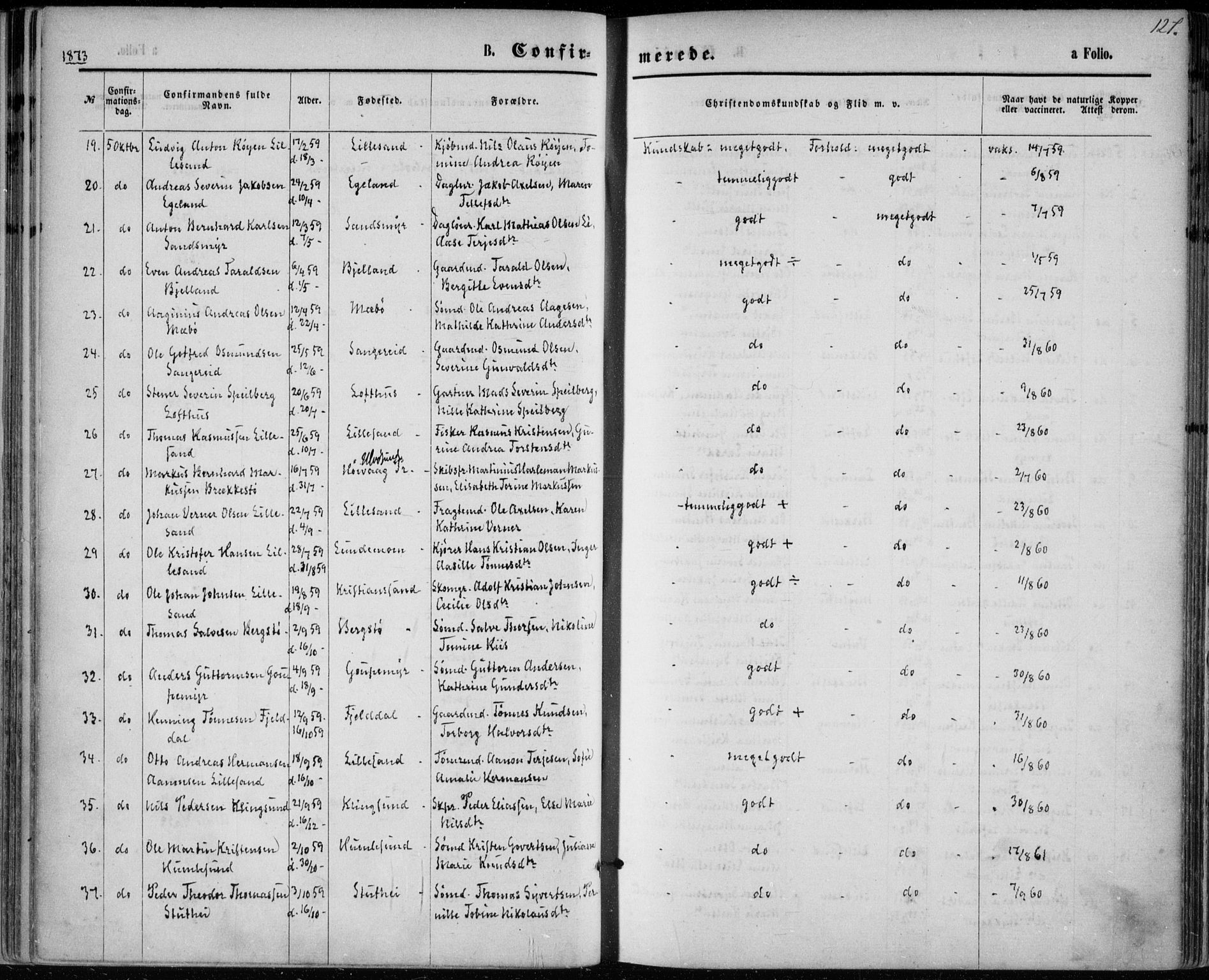 Vestre Moland sokneprestkontor, AV/SAK-1111-0046/F/Fa/Fab/L0008: Parish register (official) no. A 8, 1873-1883, p. 127