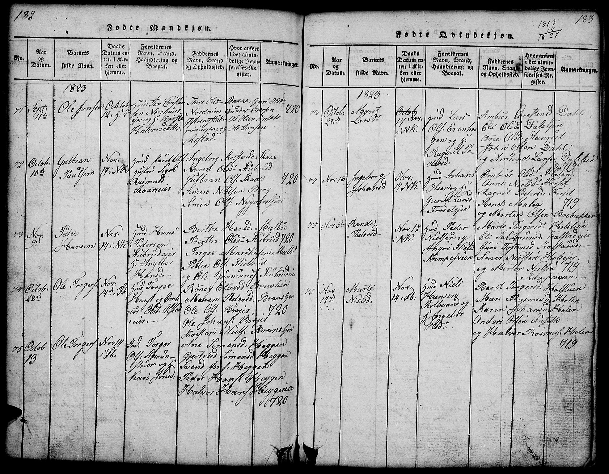 Gausdal prestekontor, SAH/PREST-090/H/Ha/Hab/L0001: Parish register (copy) no. 1, 1817-1848, p. 182-183