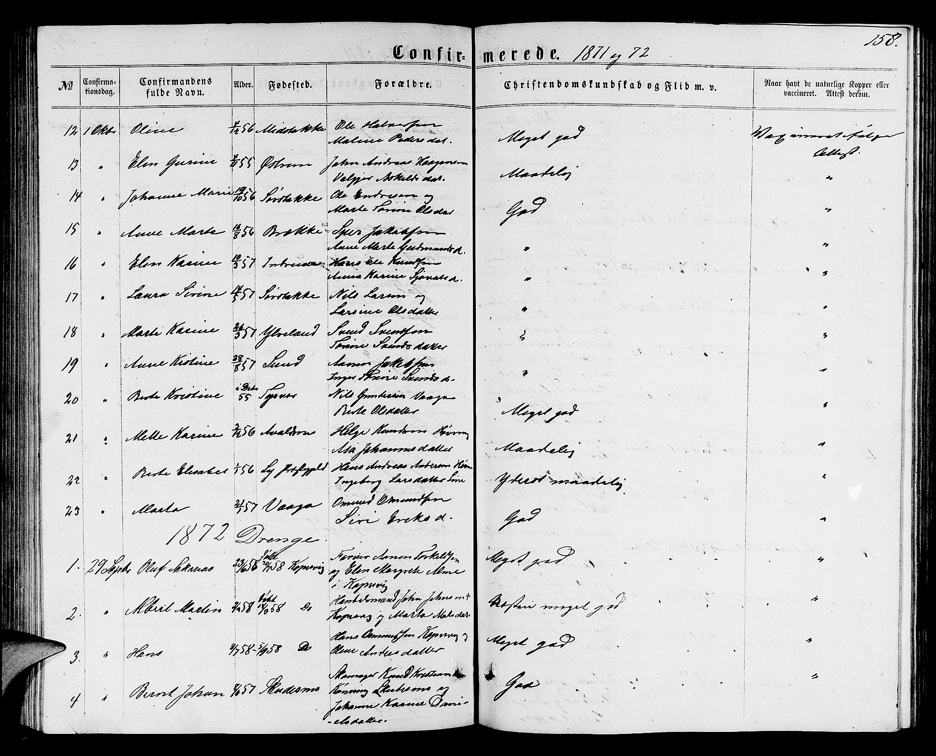 Avaldsnes sokneprestkontor, SAST/A -101851/H/Ha/Hab/L0004: Parish register (copy) no. B 4, 1861-1876, p. 158