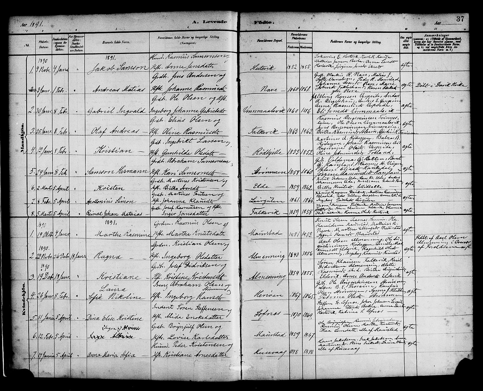 Davik sokneprestembete, AV/SAB-A-79701/H/Haa/Haad/L0001: Parish register (official) no. D 1, 1882-1900, p. 37