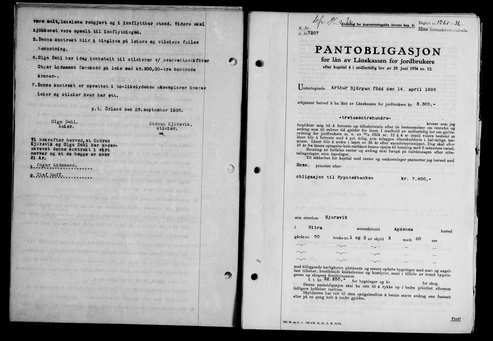 Hitra sorenskriveri, AV/SAT-A-0018/2/2C/2Ca/L0028: Mortgage book no. B-1, 1936-1939, Diary no: : 1261/1936