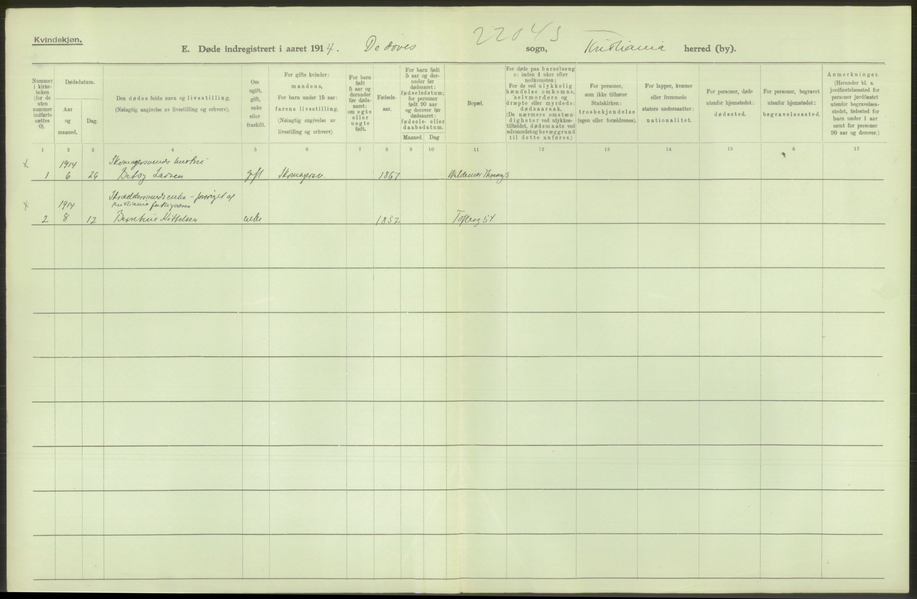 Statistisk sentralbyrå, Sosiodemografiske emner, Befolkning, RA/S-2228/D/Df/Dfb/Dfbd/L0008: Kristiania: Døde, 1914, p. 598