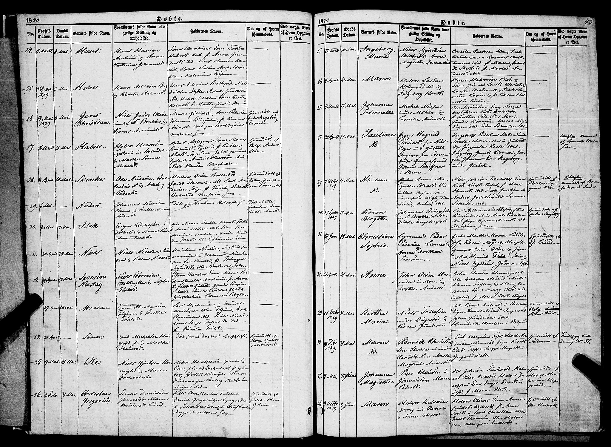 Gjerpen kirkebøker, SAKO/A-265/F/Fa/L0007a: Parish register (official) no. I 7A, 1834-1857, p. 43
