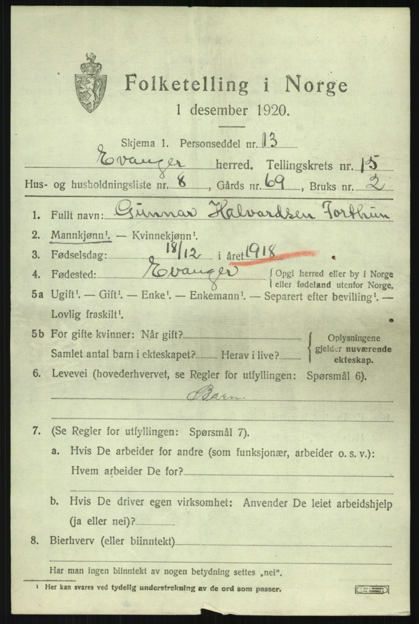 SAB, 1920 census for Evanger, 1920, p. 4245