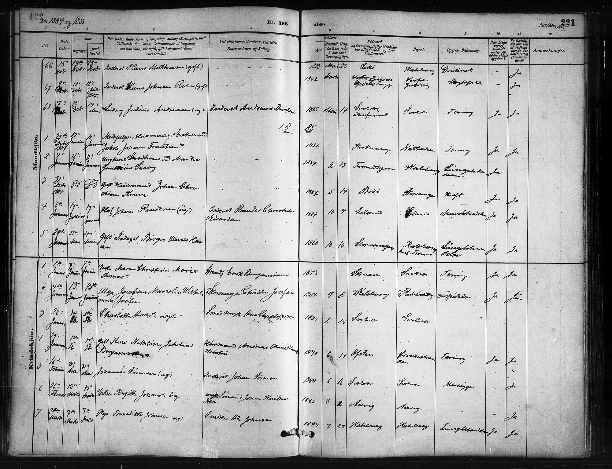 Ministerialprotokoller, klokkerbøker og fødselsregistre - Nordland, AV/SAT-A-1459/874/L1059: Parish register (official) no. 874A03, 1884-1890, p. 221