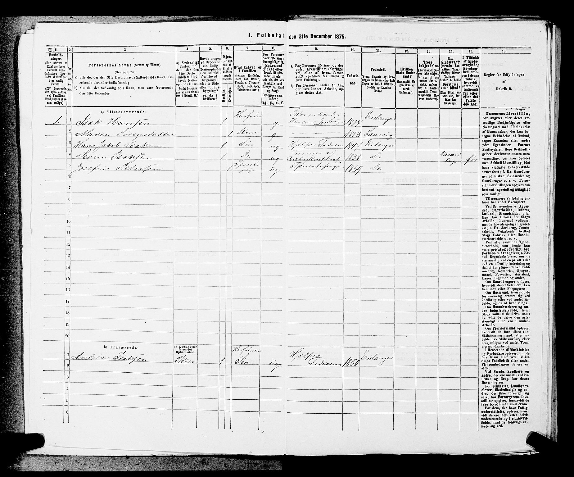 SAKO, 1875 census for 0813P Eidanger, 1875, p. 273