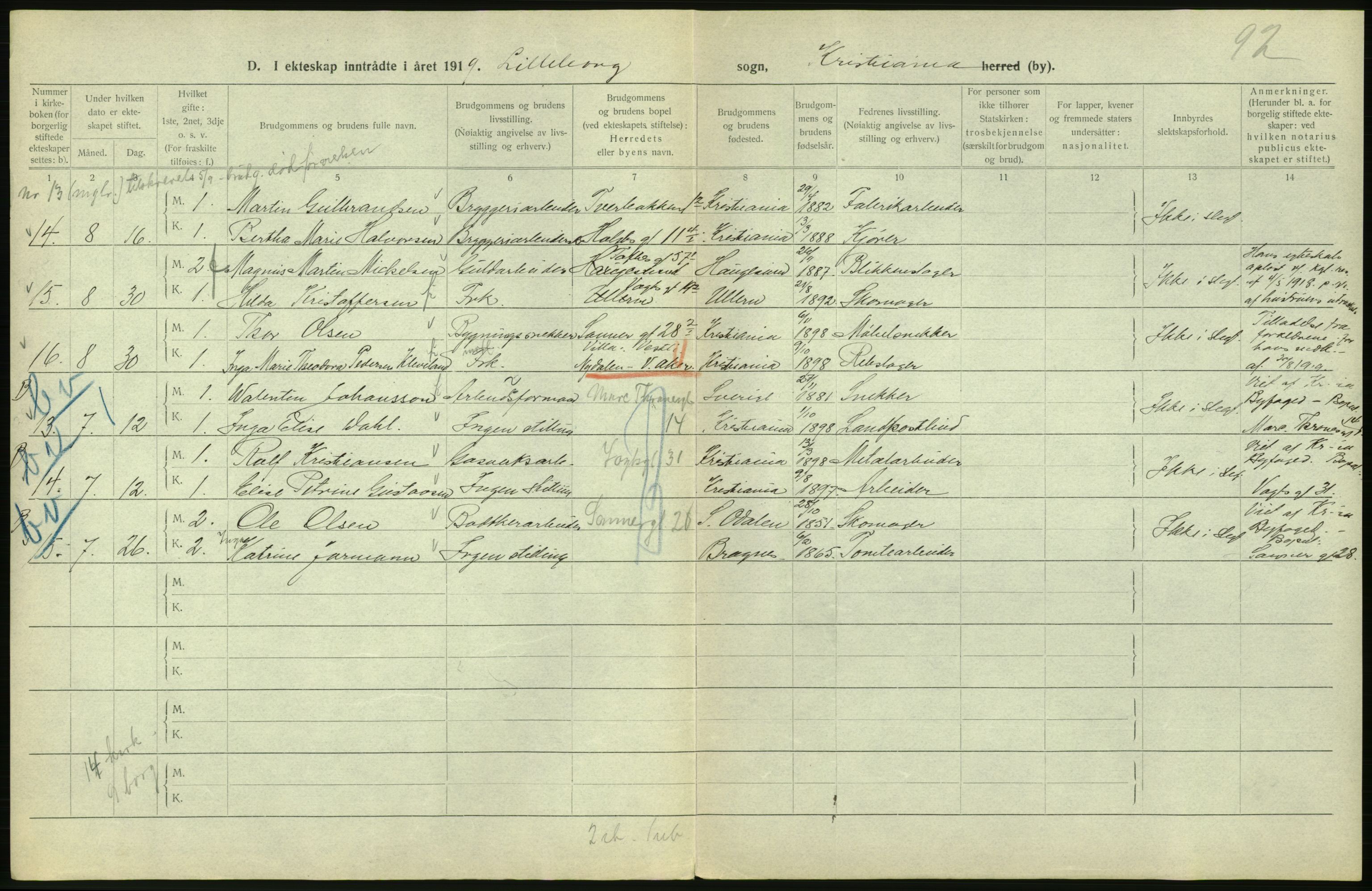 Statistisk sentralbyrå, Sosiodemografiske emner, Befolkning, AV/RA-S-2228/D/Df/Dfb/Dfbi/L0009: Kristiania: Gifte, 1919, p. 562