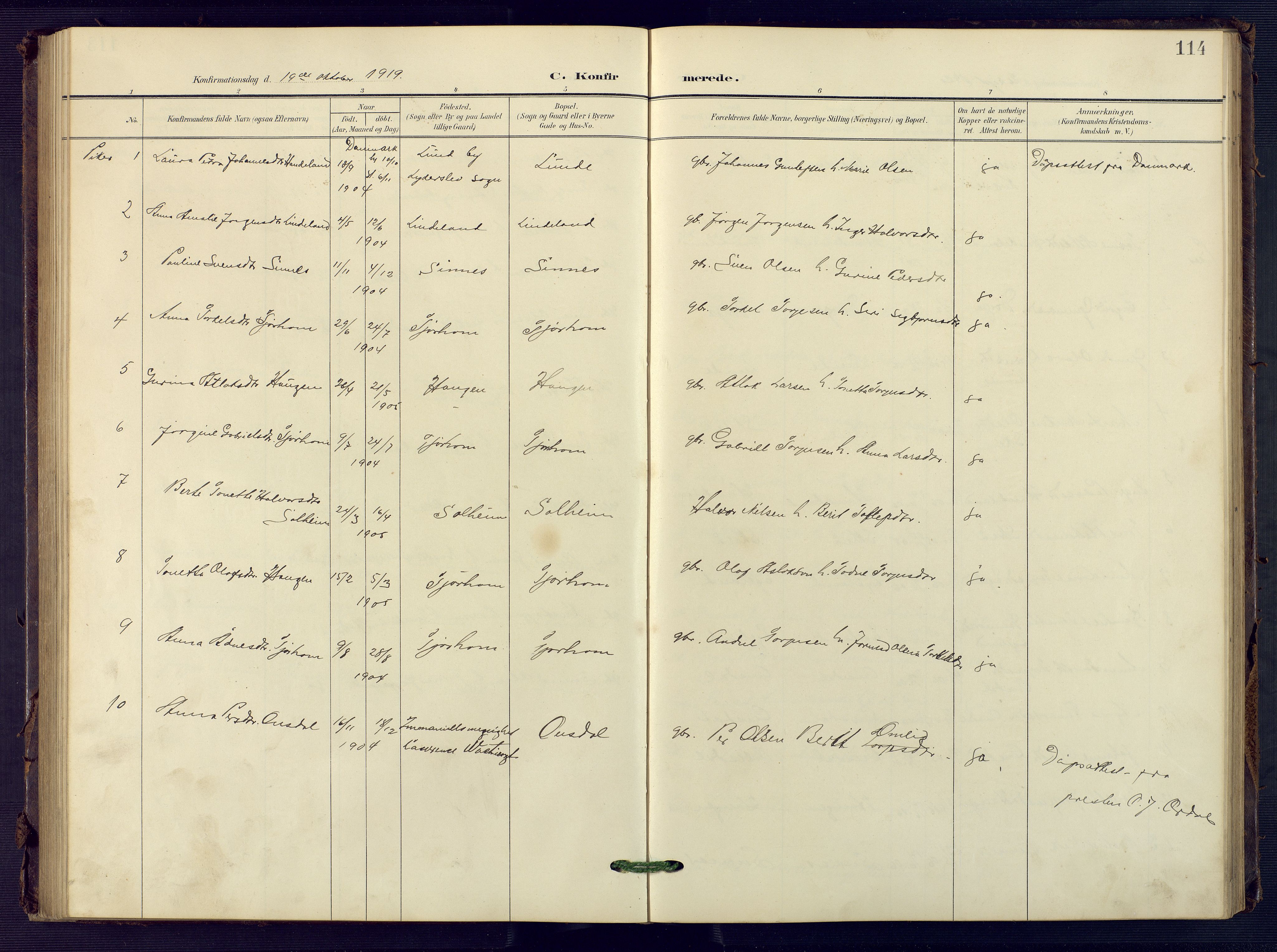 Sirdal sokneprestkontor, SAK/1111-0036/F/Fb/Fba/L0002: Parish register (copy) no. B 2, 1905-1958, p. 114