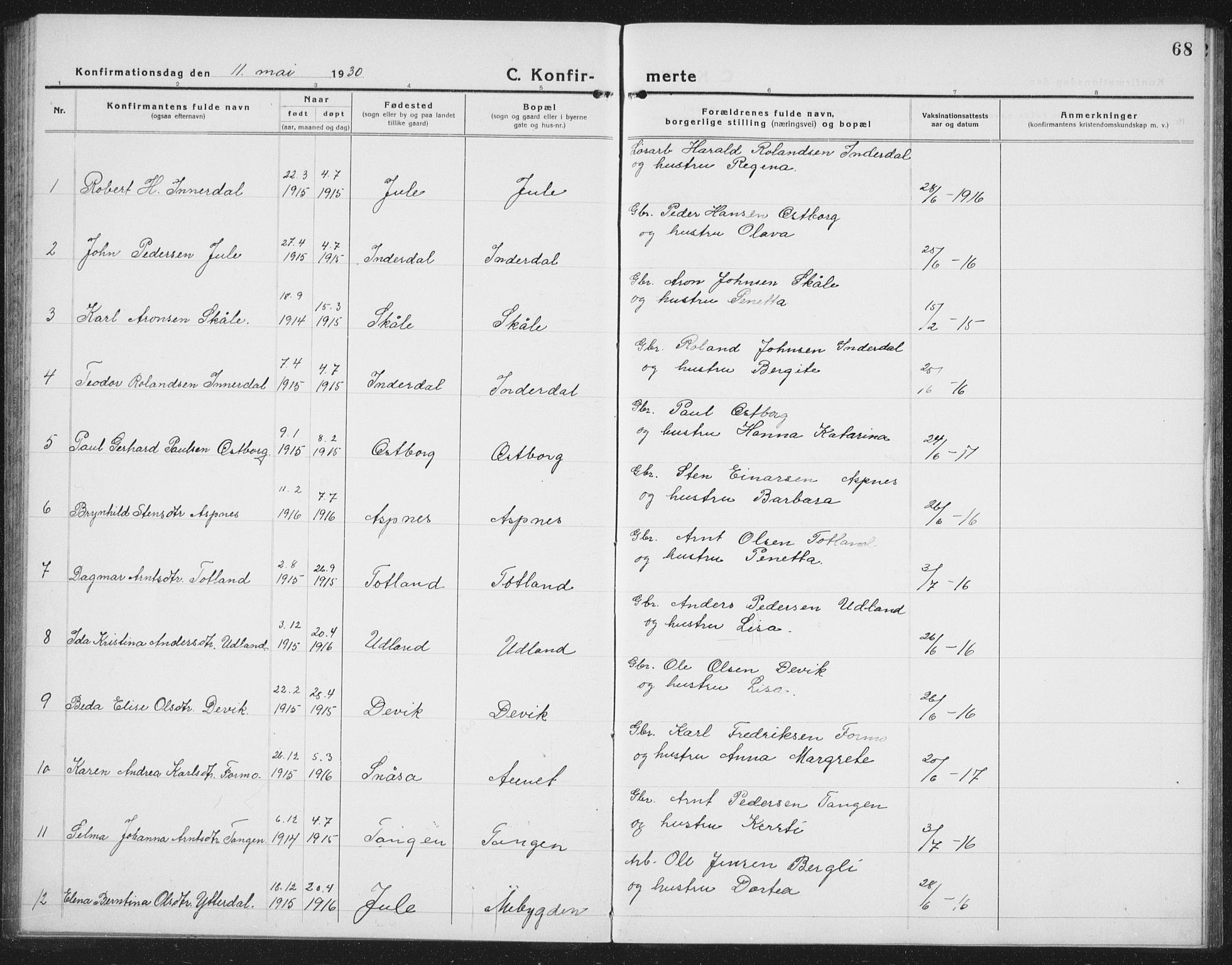 Ministerialprotokoller, klokkerbøker og fødselsregistre - Nord-Trøndelag, AV/SAT-A-1458/757/L0507: Parish register (copy) no. 757C02, 1923-1939, p. 68