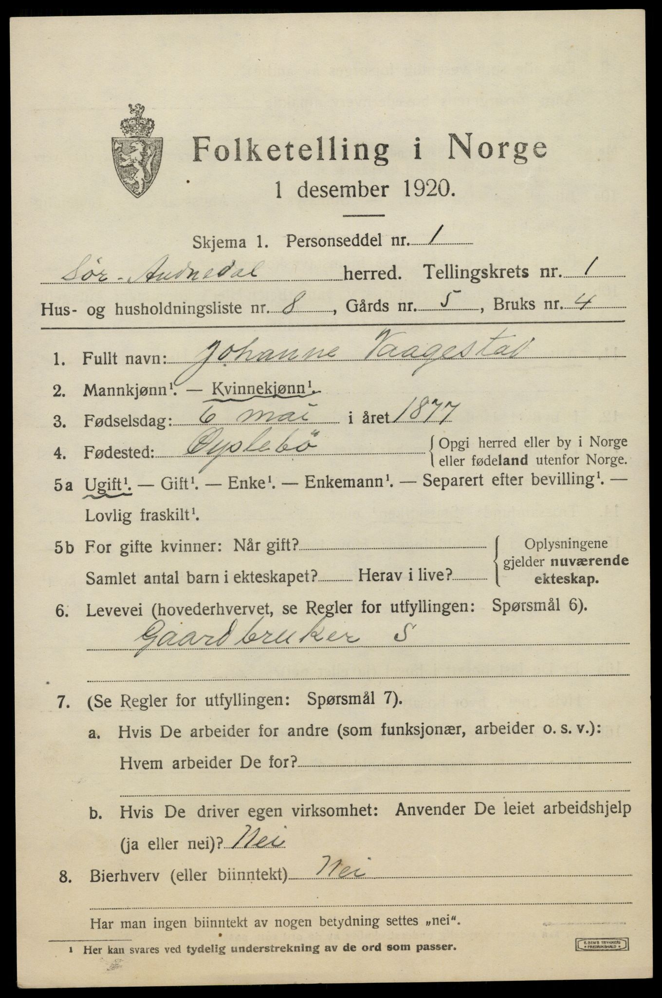SAK, 1920 census for Sør-Audnedal, 1920, p. 1499