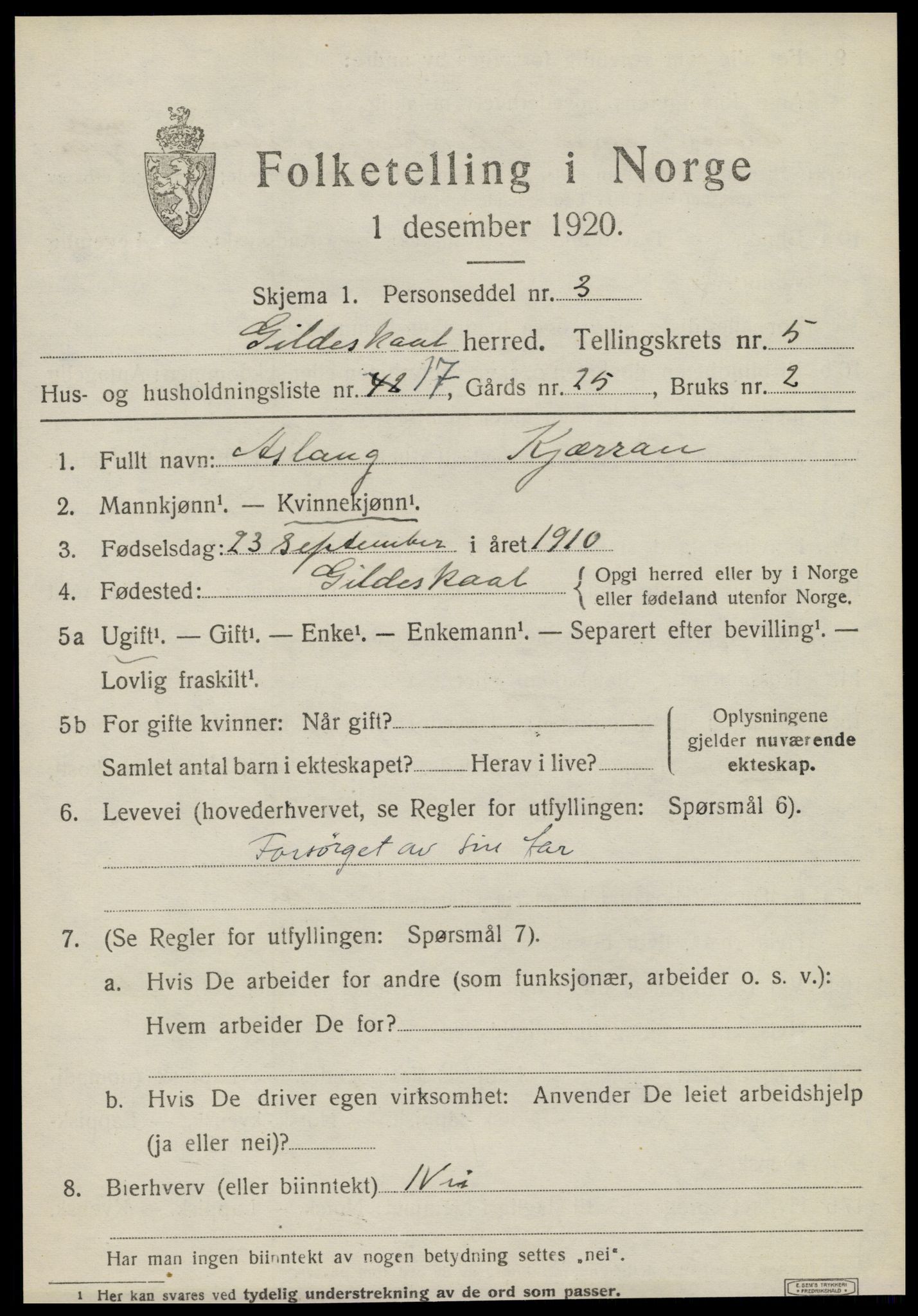 SAT, 1920 census for Gildeskål, 1920, p. 4126