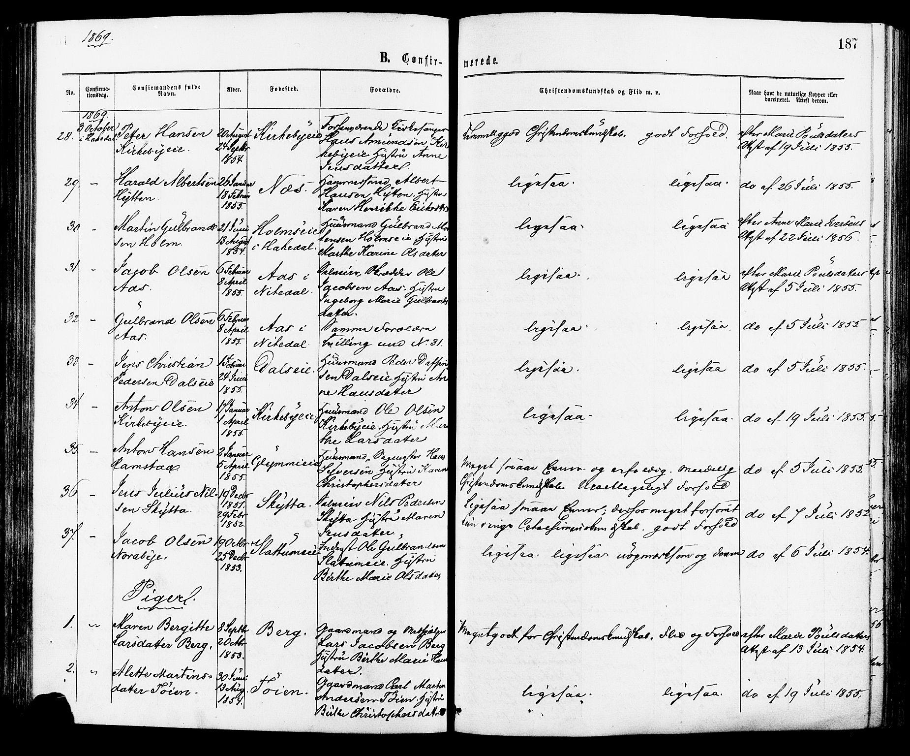 Nittedal prestekontor Kirkebøker, SAO/A-10365a/F/Fa/L0006: Parish register (official) no. I 6, 1863-1878, p. 187