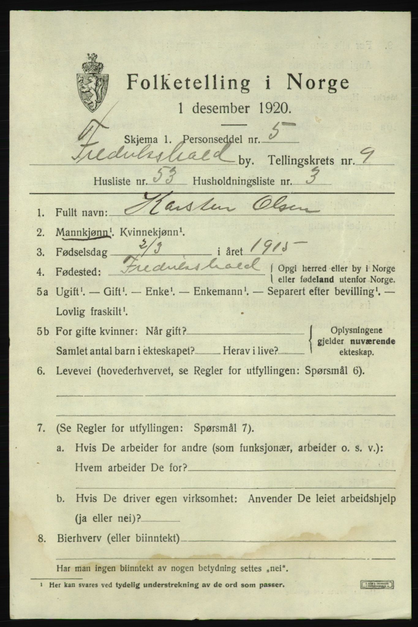 SAO, 1920 census for Fredrikshald, 1920, p. 17273