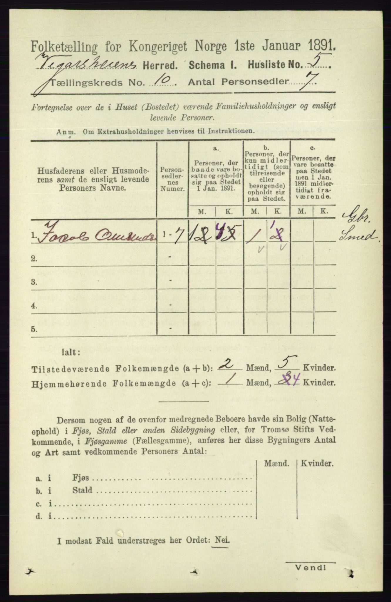 RA, 1891 census for 0912 Vegårshei, 1891, p. 1883