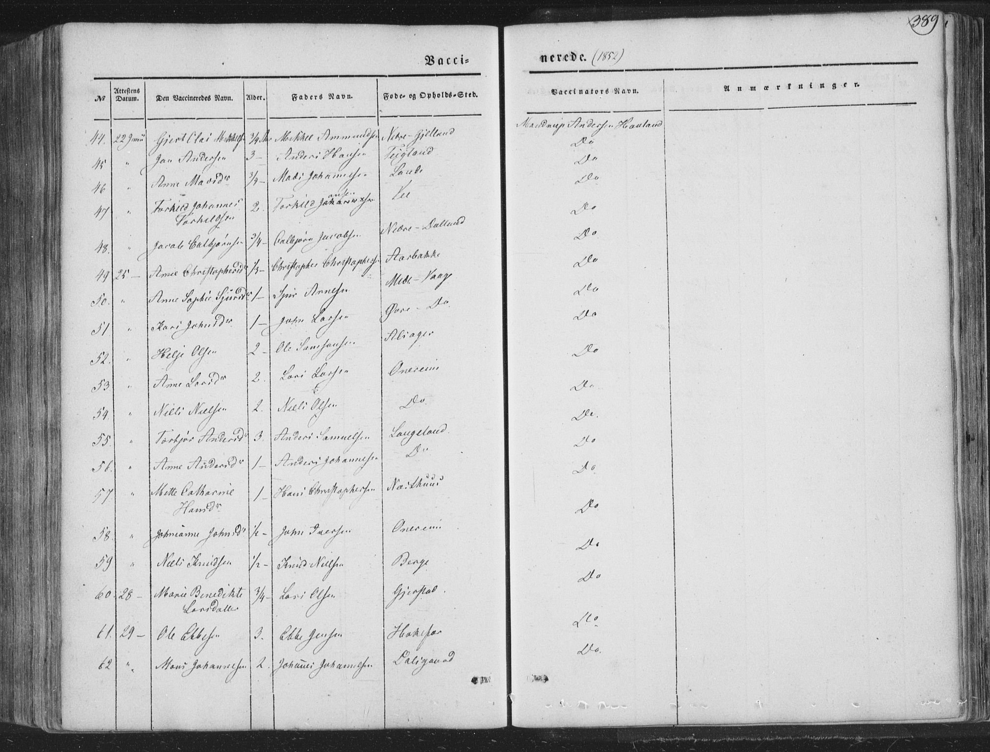 Tysnes sokneprestembete, AV/SAB-A-78601/H/Haa: Parish register (official) no. A 10, 1848-1859, p. 389