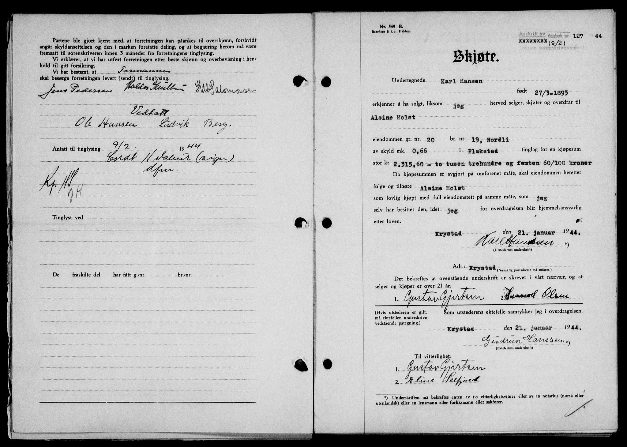 Lofoten sorenskriveri, SAT/A-0017/1/2/2C/L0012a: Mortgage book no. 12a, 1943-1944, Diary no: : 127/1944