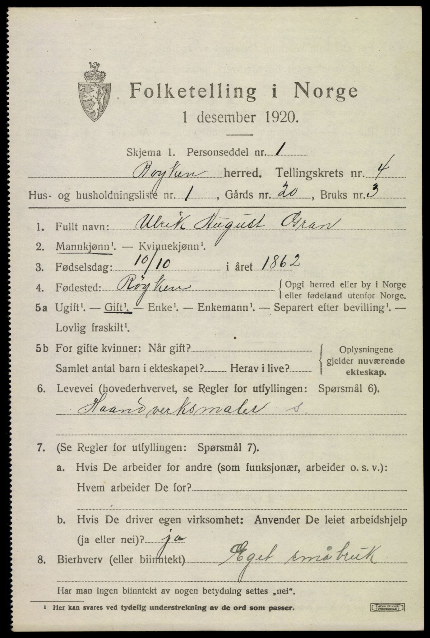 SAKO, 1920 census for Røyken, 1920, p. 5488