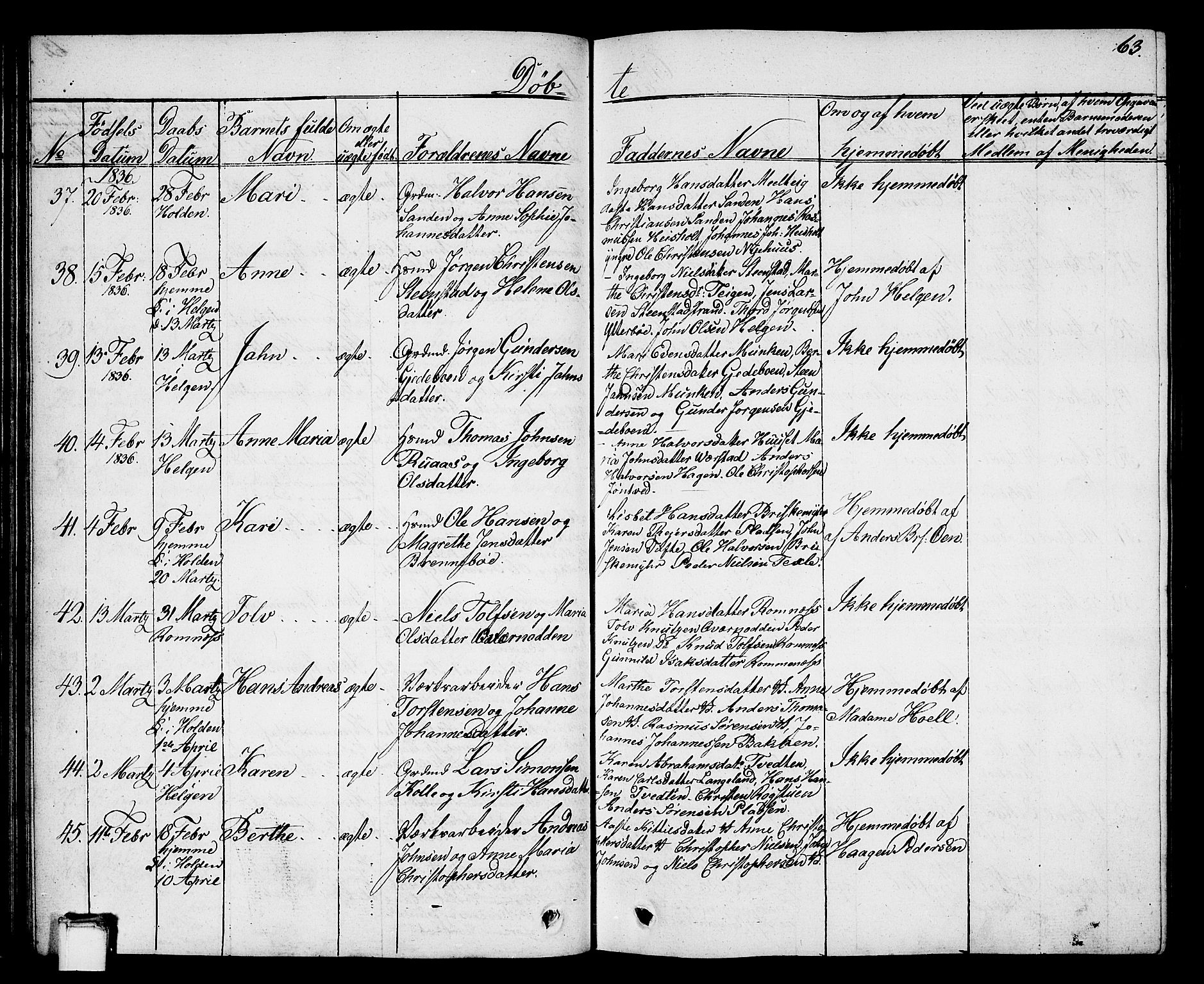 Holla kirkebøker, AV/SAKO-A-272/G/Ga/L0002: Parish register (copy) no. I 2, 1830-1848, p. 63