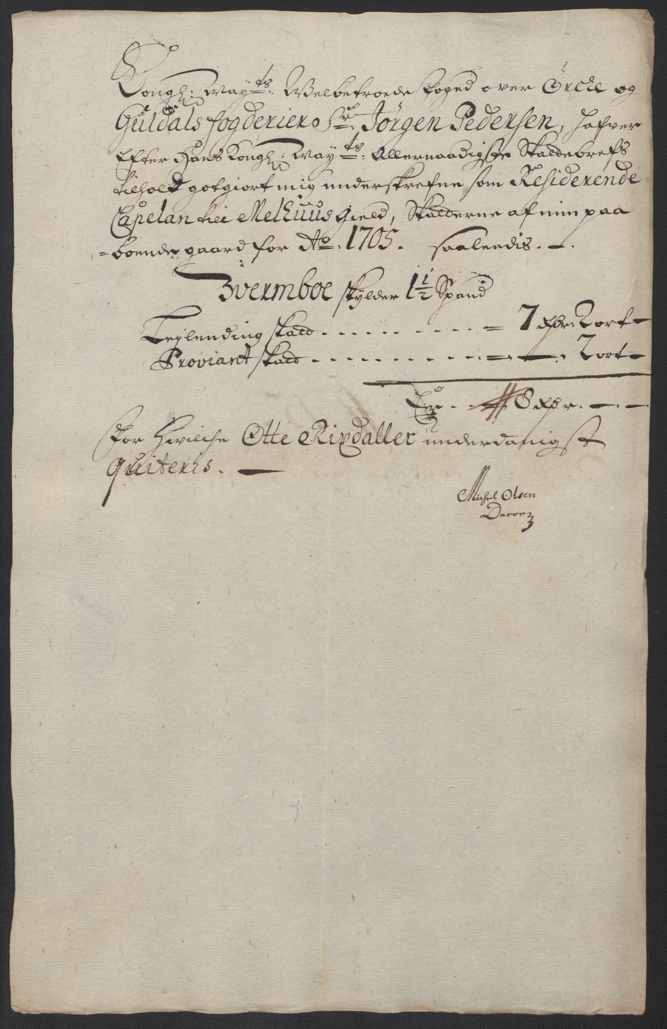 Rentekammeret inntil 1814, Reviderte regnskaper, Fogderegnskap, AV/RA-EA-4092/R60/L3955: Fogderegnskap Orkdal og Gauldal, 1705, p. 400