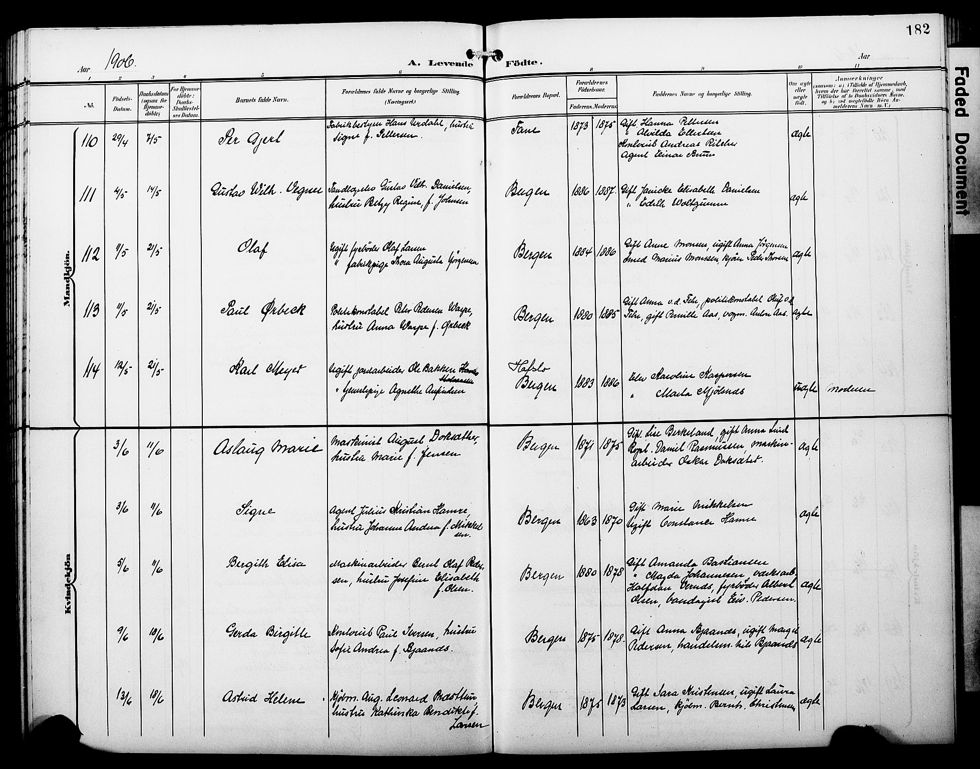 Fødselsstiftelsens sokneprestembete*, SAB/-: Parish register (copy) no. A 1, 1900-1909, p. 182