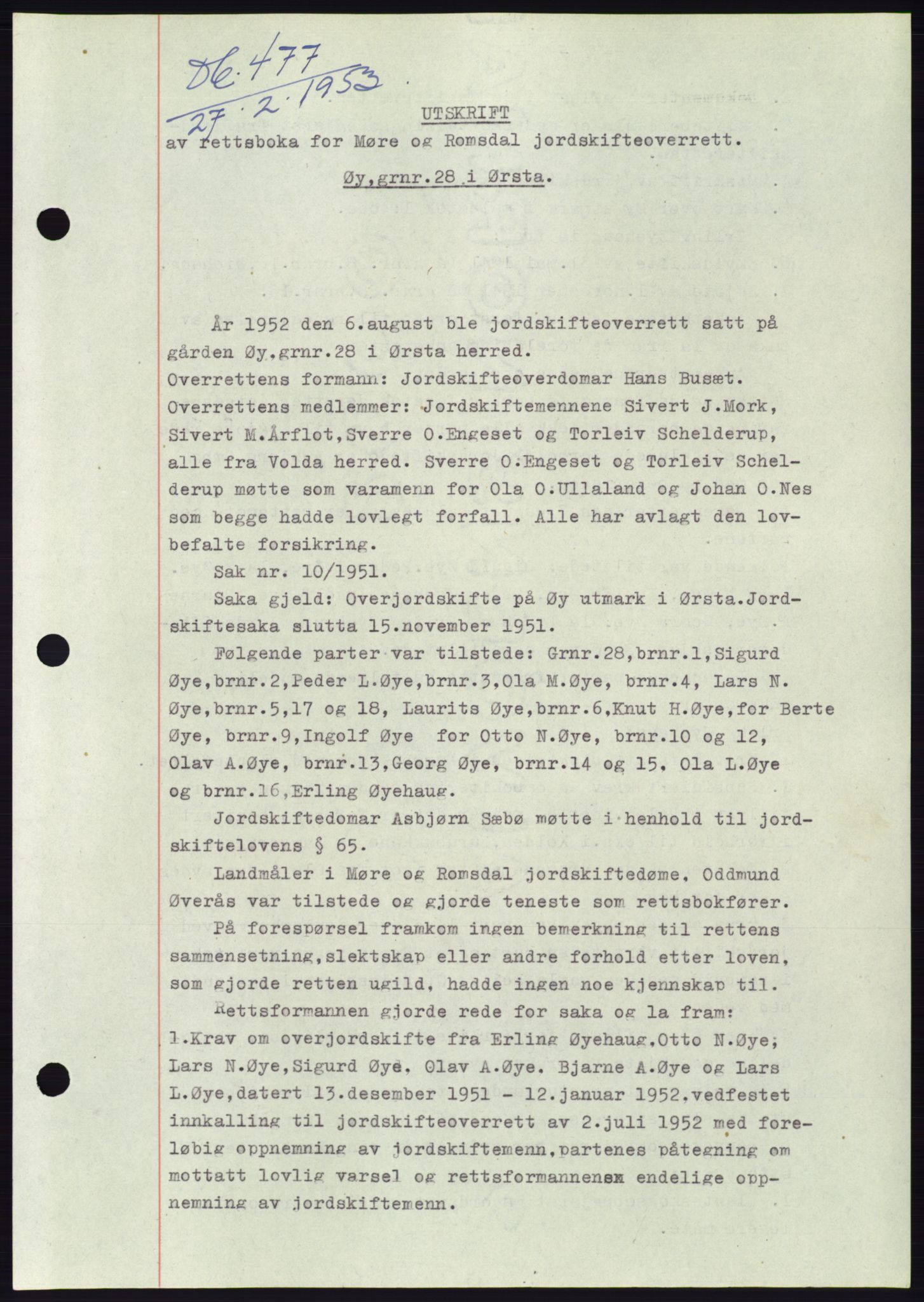 Søre Sunnmøre sorenskriveri, AV/SAT-A-4122/1/2/2C/L0094: Mortgage book no. 20A, 1953-1953, Diary no: : 477/1953