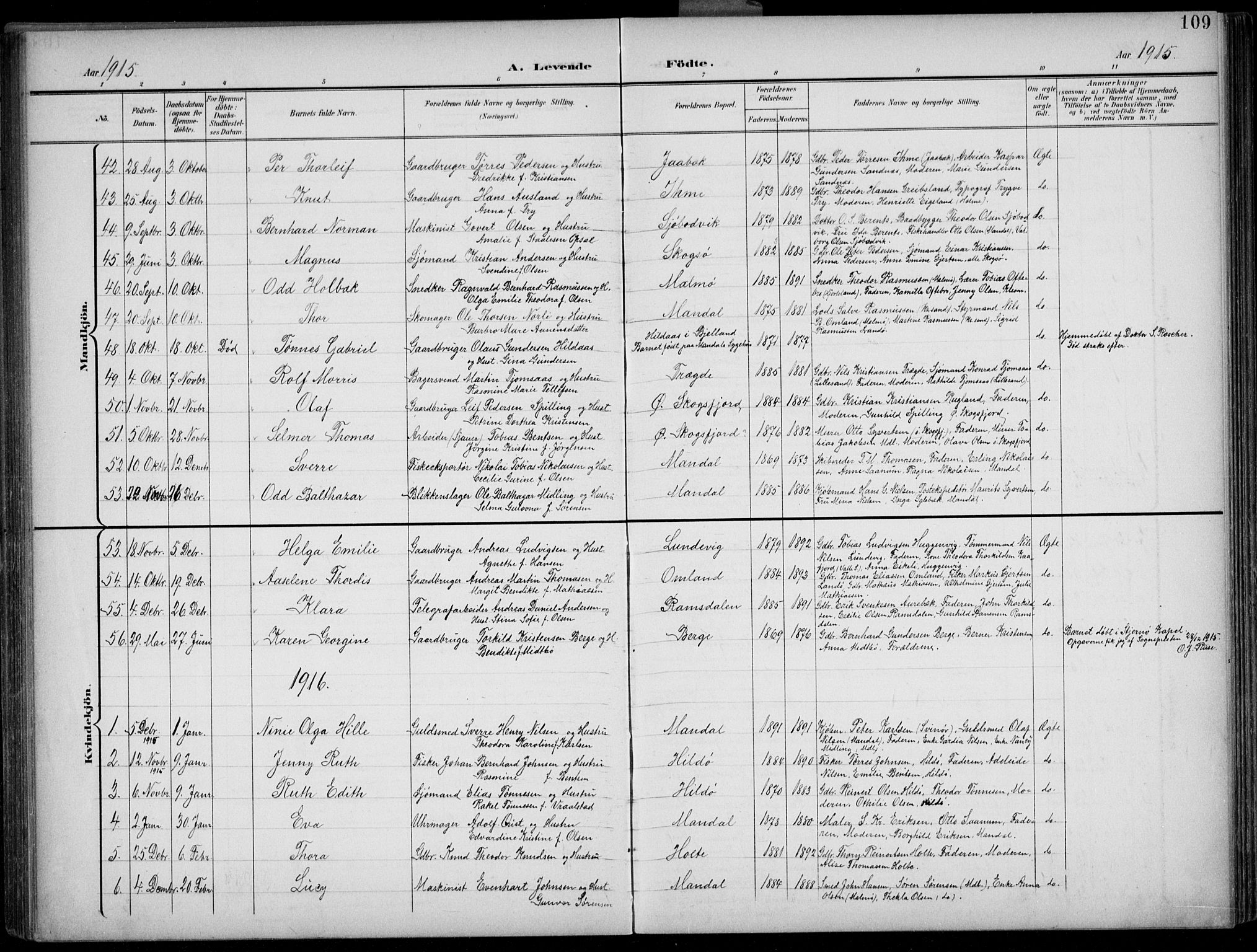 Mandal sokneprestkontor, AV/SAK-1111-0030/F/Fb/Fba/L0012: Parish register (copy) no. B 6, 1899-1918, p. 109