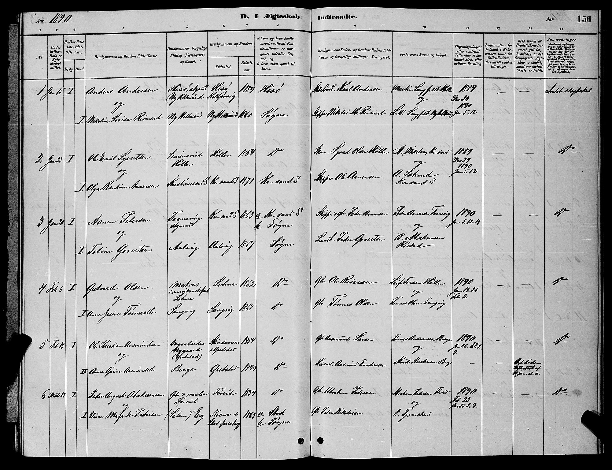 Søgne sokneprestkontor, SAK/1111-0037/F/Fb/Fbb/L0005: Parish register (copy) no. B 5, 1884-1891, p. 156