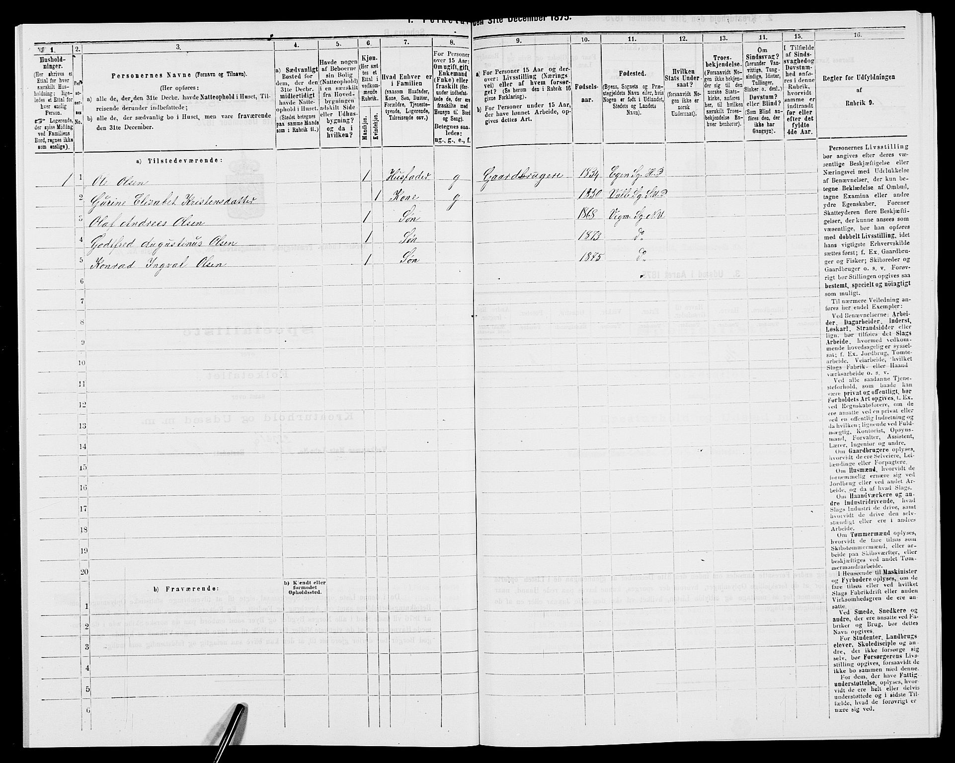SAK, 1875 census for 1028P Nord-Audnedal, 1875, p. 282