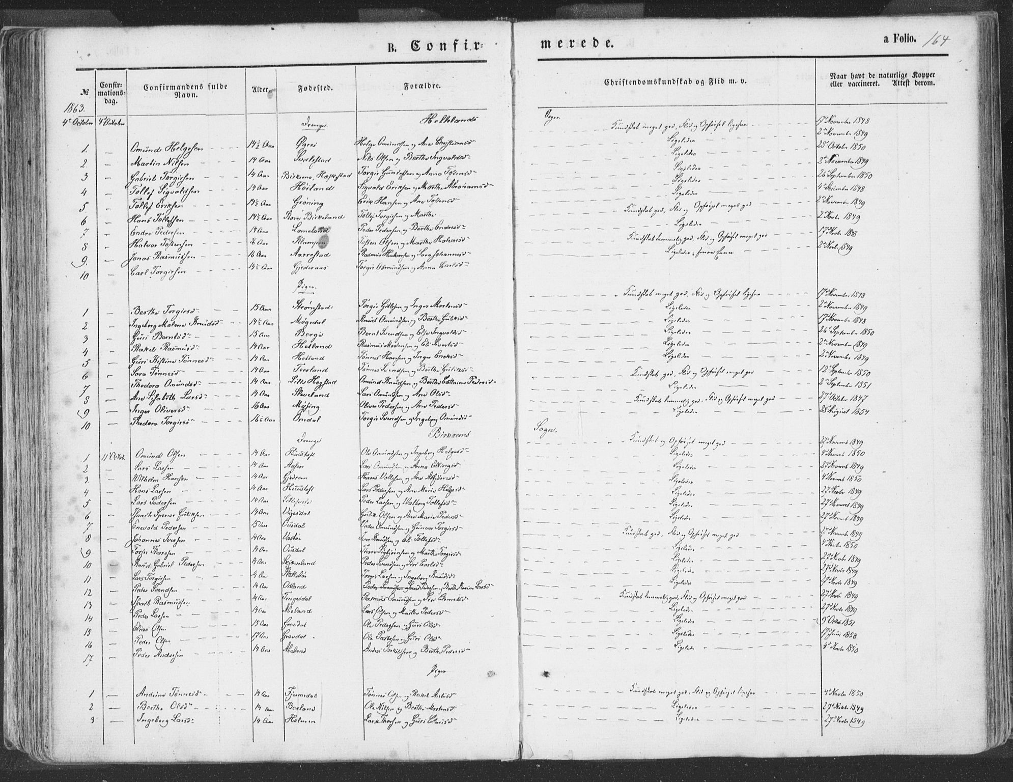 Helleland sokneprestkontor, SAST/A-101810: Parish register (official) no. A 7.1, 1863-1886, p. 164