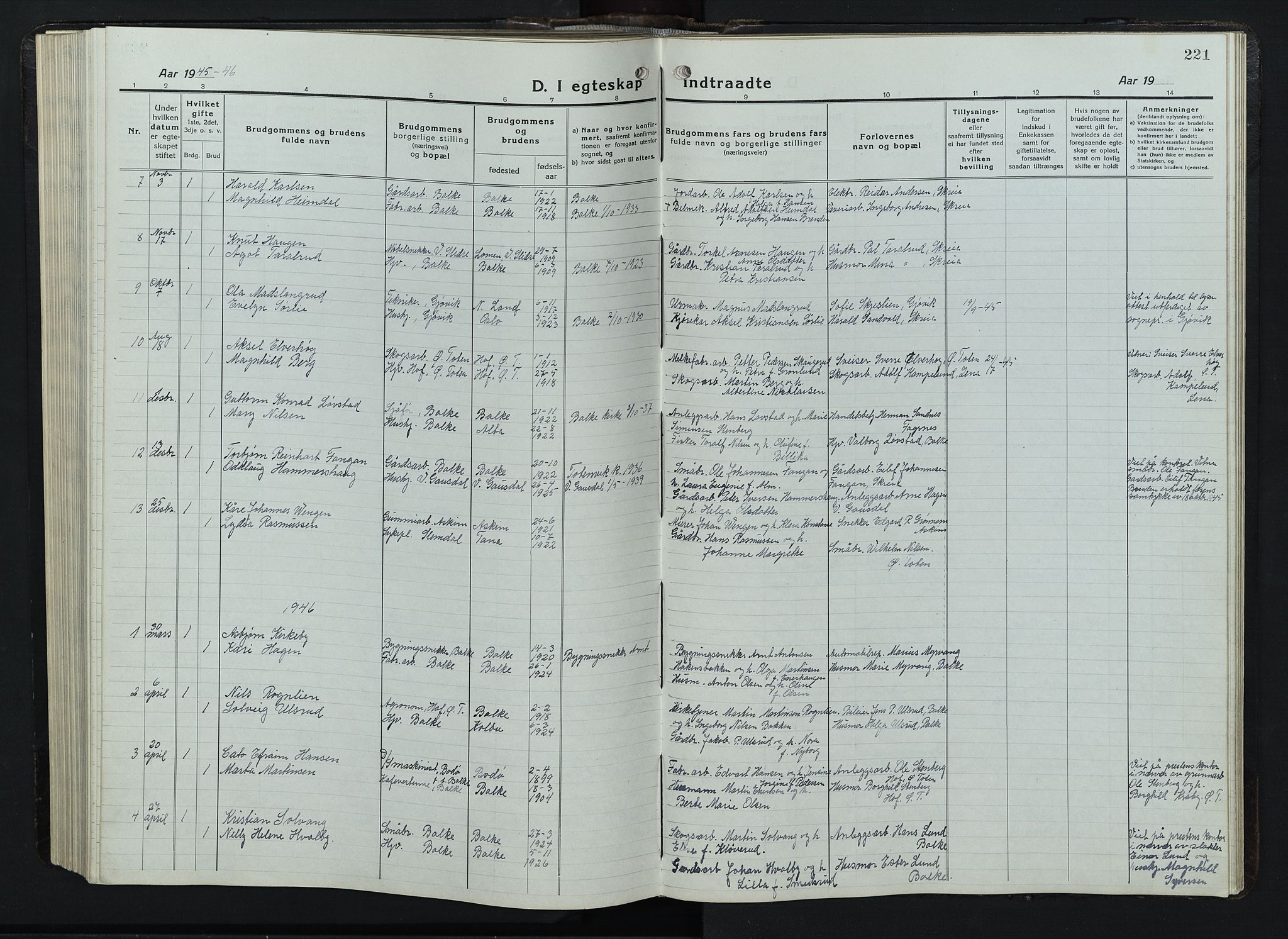 Balke prestekontor, SAH/PREST-106/H/Ha/Hab/L0001: Parish register (copy) no. 1, 1920-1955, p. 221
