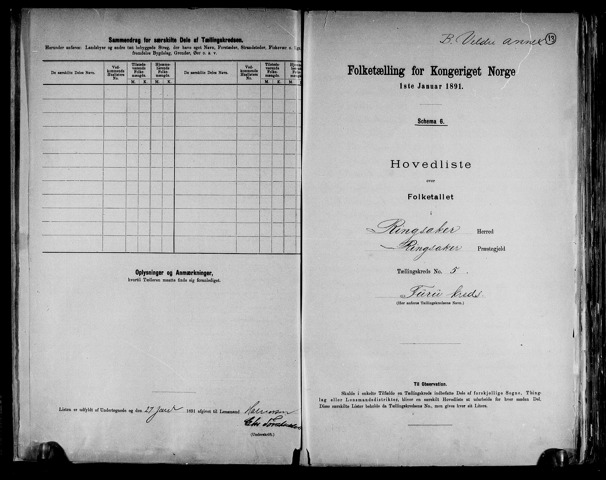 RA, 1891 census for 0412 Ringsaker, 1891, p. 13