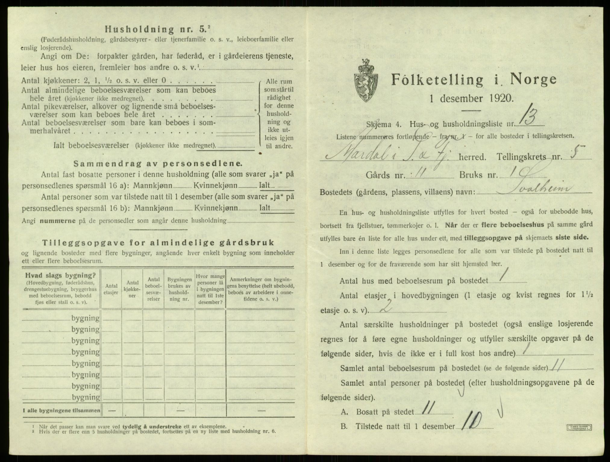 SAB, 1920 census for Årdal, 1920, p. 392