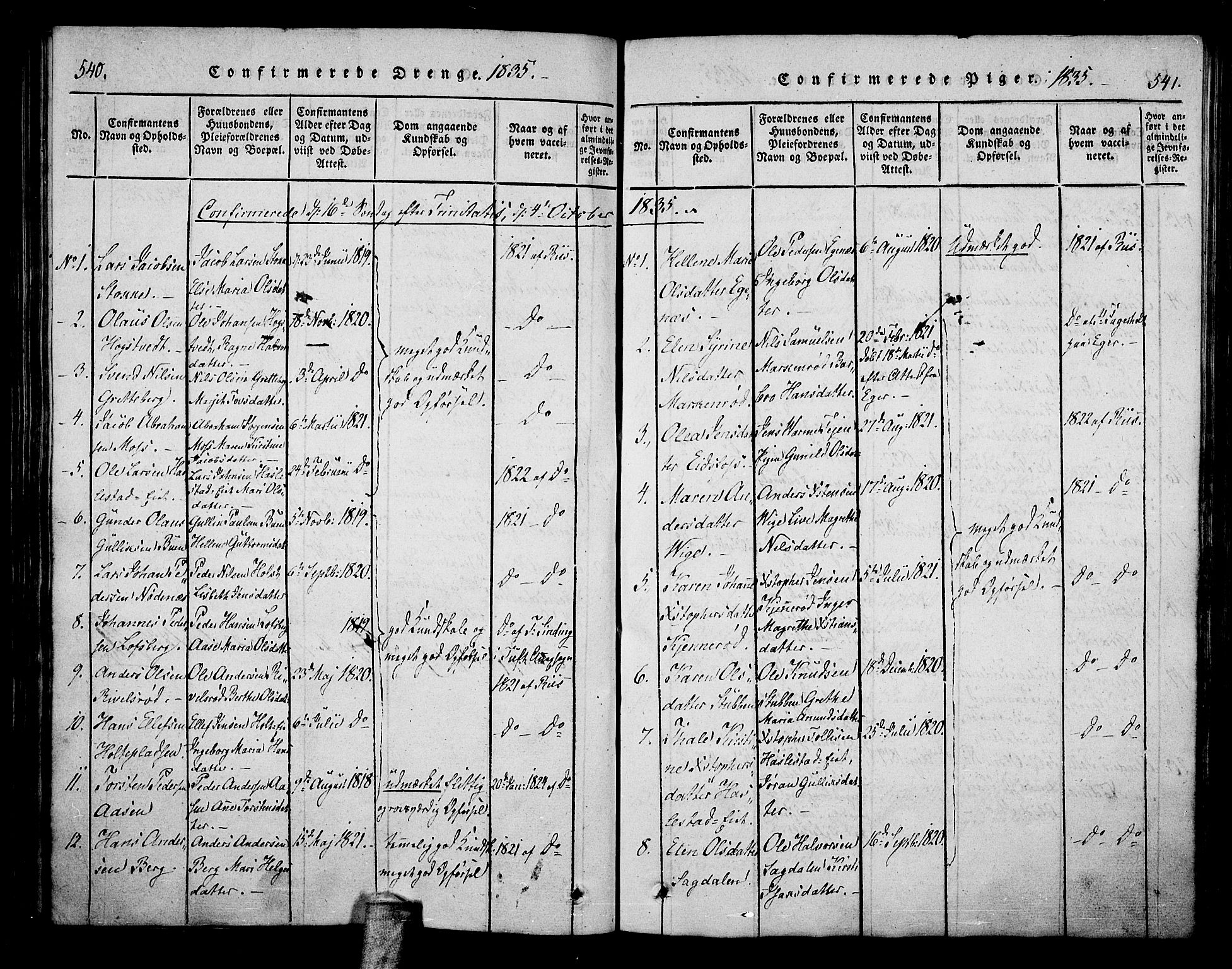 Hof kirkebøker, AV/SAKO-A-64/F/Fa/L0004: Parish register (official) no. I 4, 1814-1843, p. 540-541