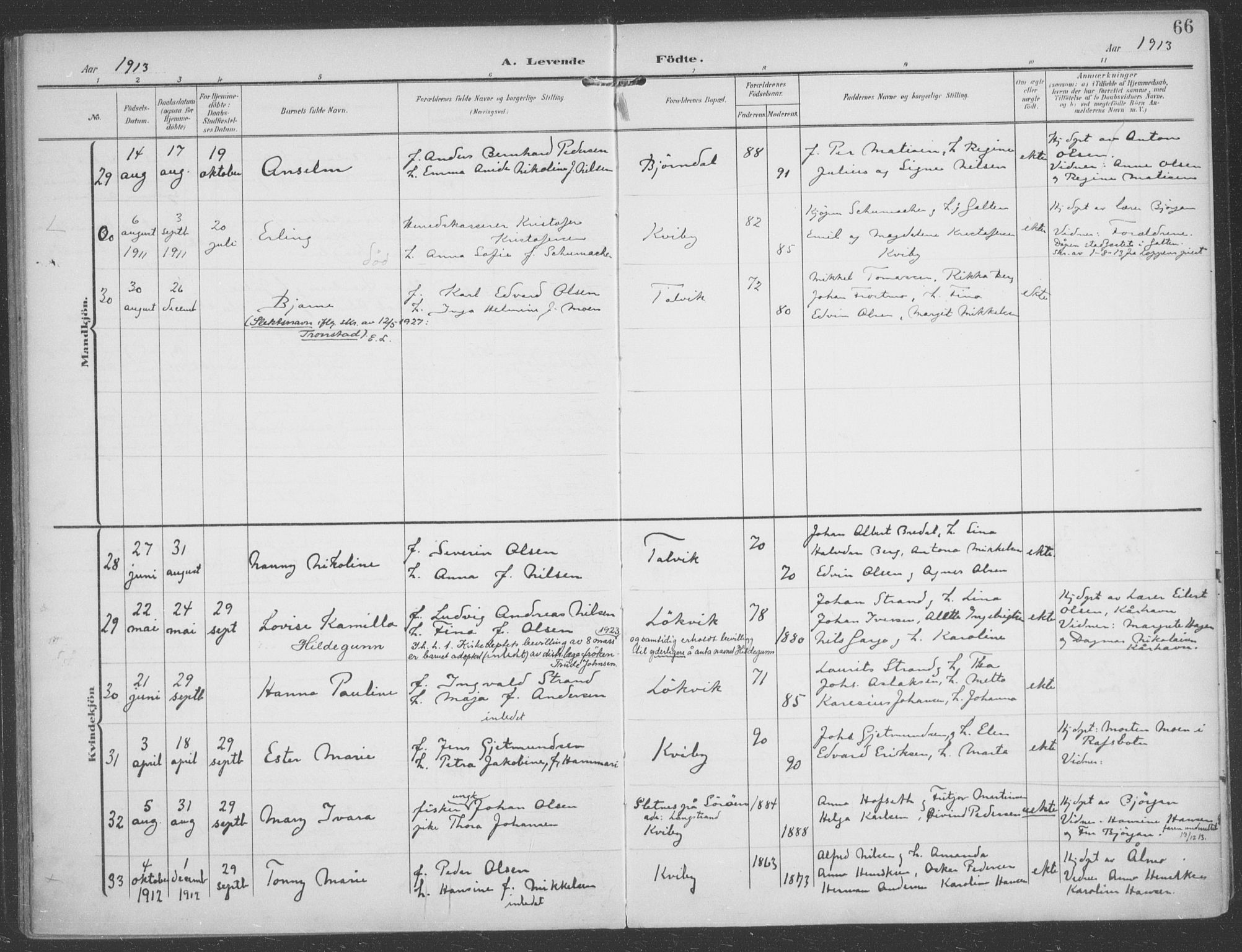 Talvik sokneprestkontor, AV/SATØ-S-1337/H/Ha/L0017kirke: Parish register (official) no. 17, 1906-1915, p. 66