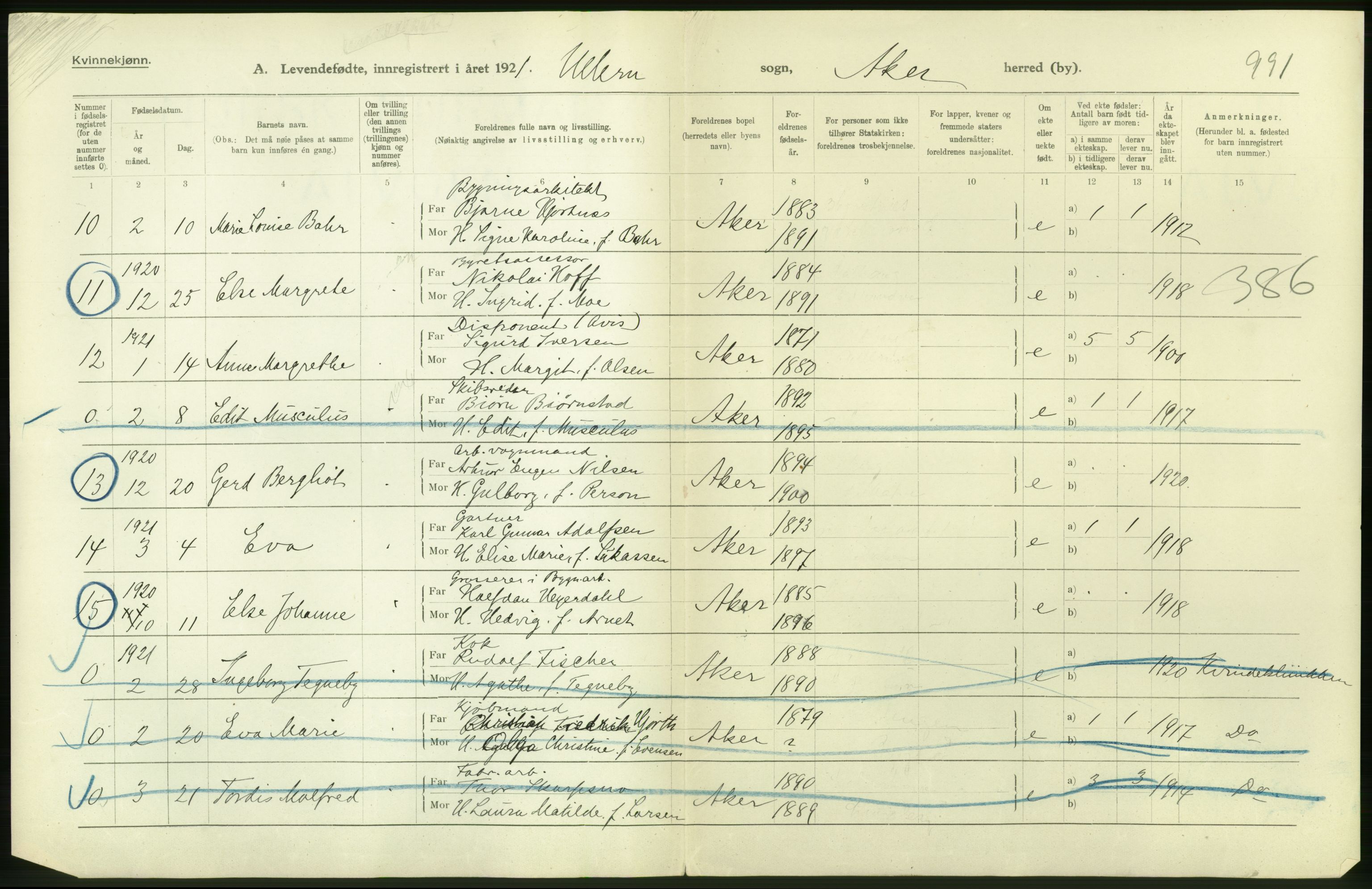 Statistisk sentralbyrå, Sosiodemografiske emner, Befolkning, AV/RA-S-2228/D/Df/Dfc/Dfca/L0004: Akershus fylke: Levendefødte menn og kvinner. Bygder., 1921, p. 44