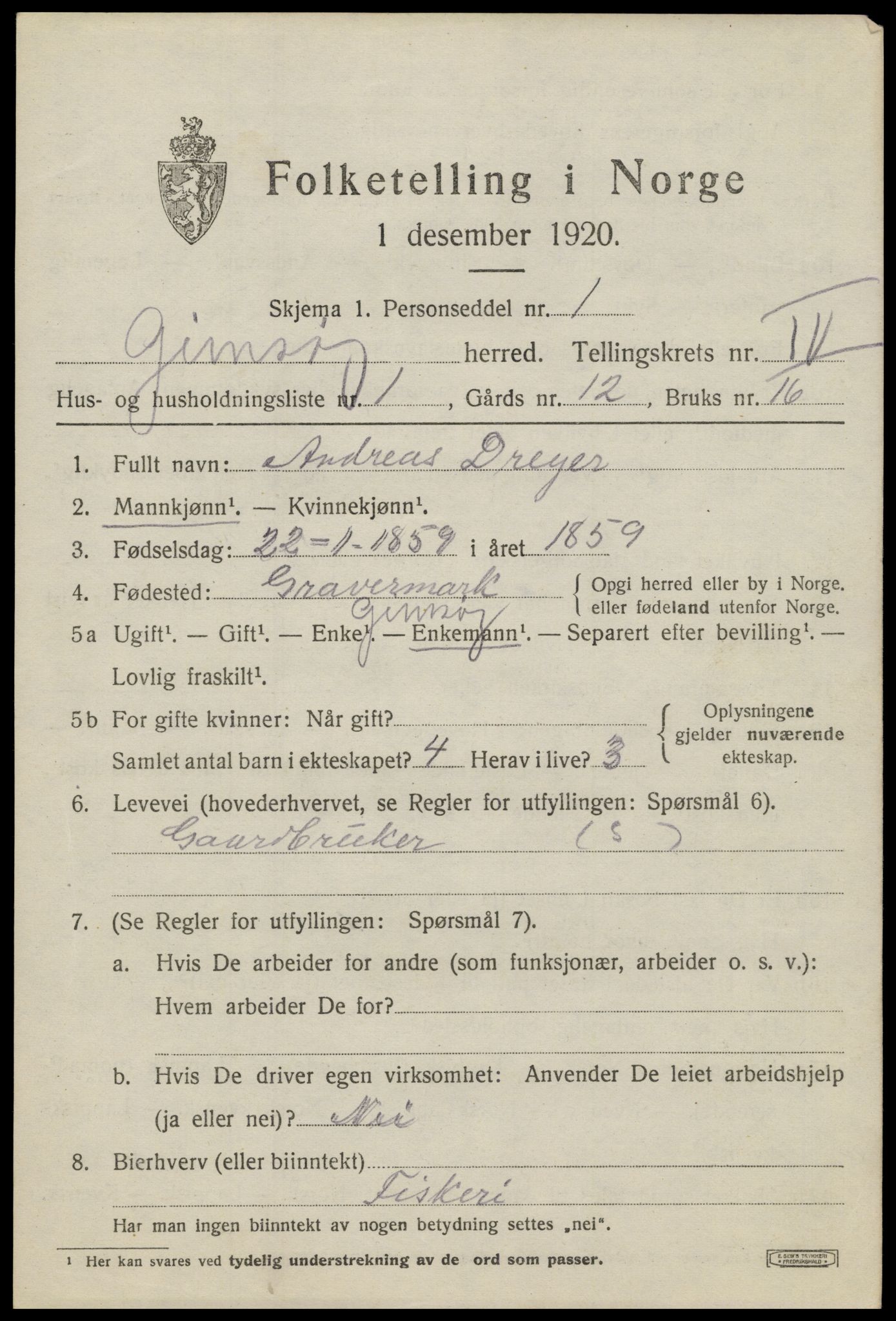 SAT, 1920 census for Gimsøy, 1920, p. 1967