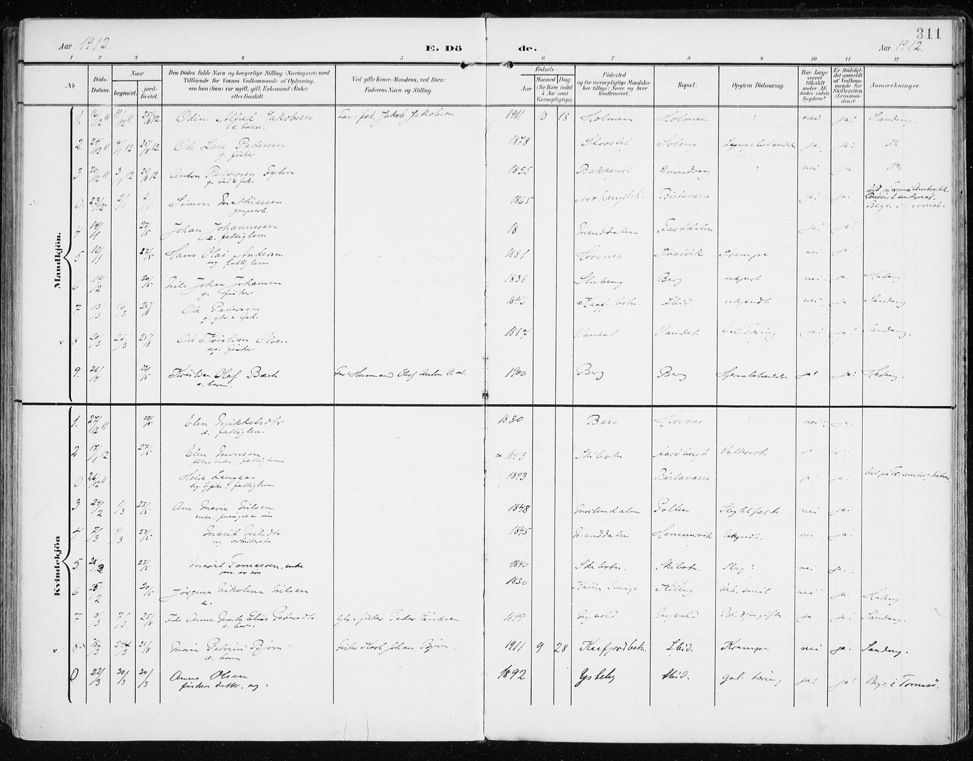 Lyngen sokneprestembete, AV/SATØ-S-1289/H/He/Hea/L0011kirke: Parish register (official) no. 11, 1903-1913, p. 311