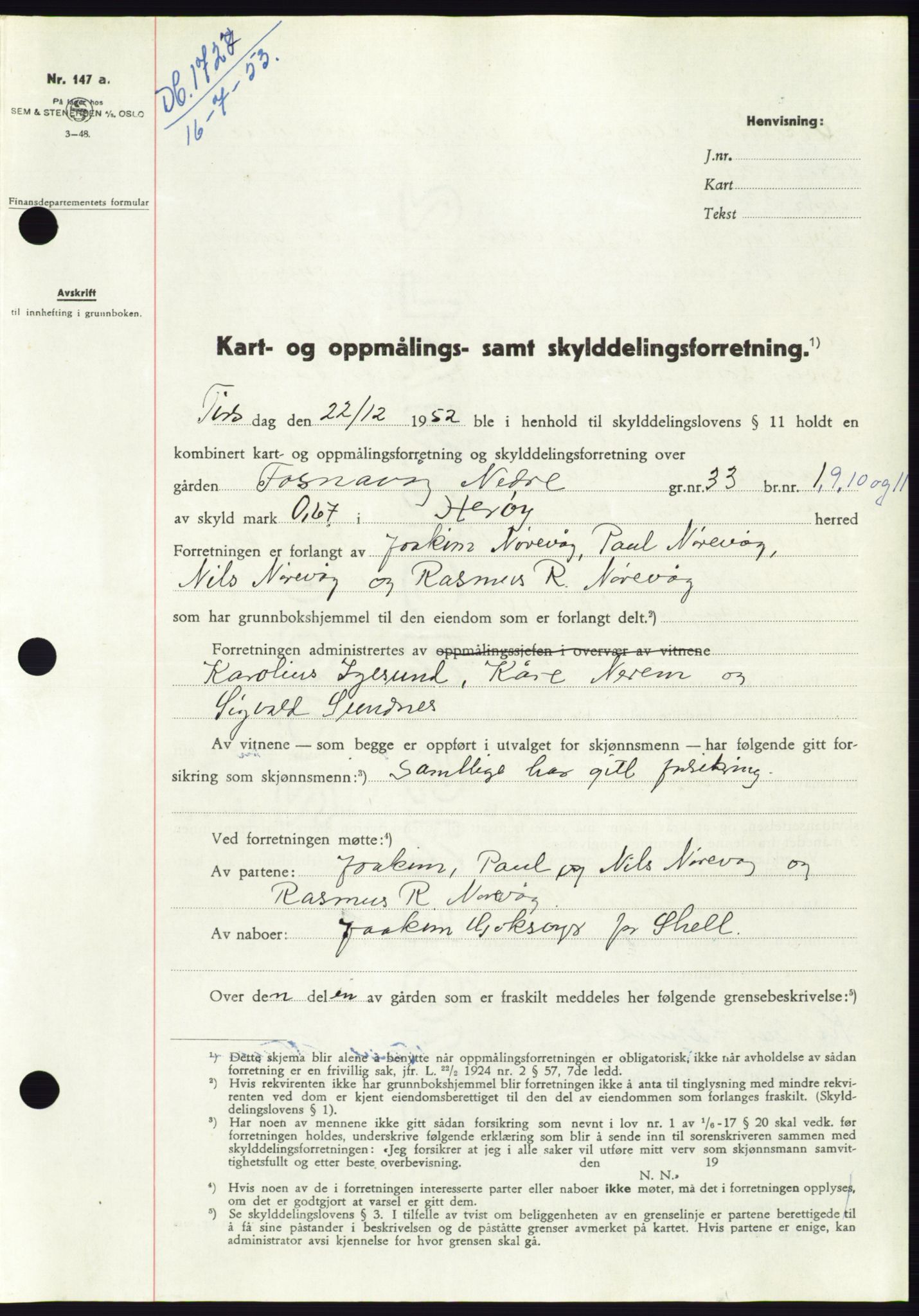 Søre Sunnmøre sorenskriveri, AV/SAT-A-4122/1/2/2C/L0095: Mortgage book no. 21A, 1953-1953, Diary no: : 1727/1953