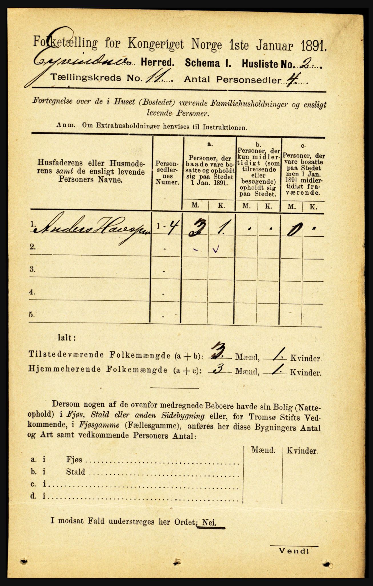 RA, 1891 census for 1853 Evenes, 1891, p. 3424