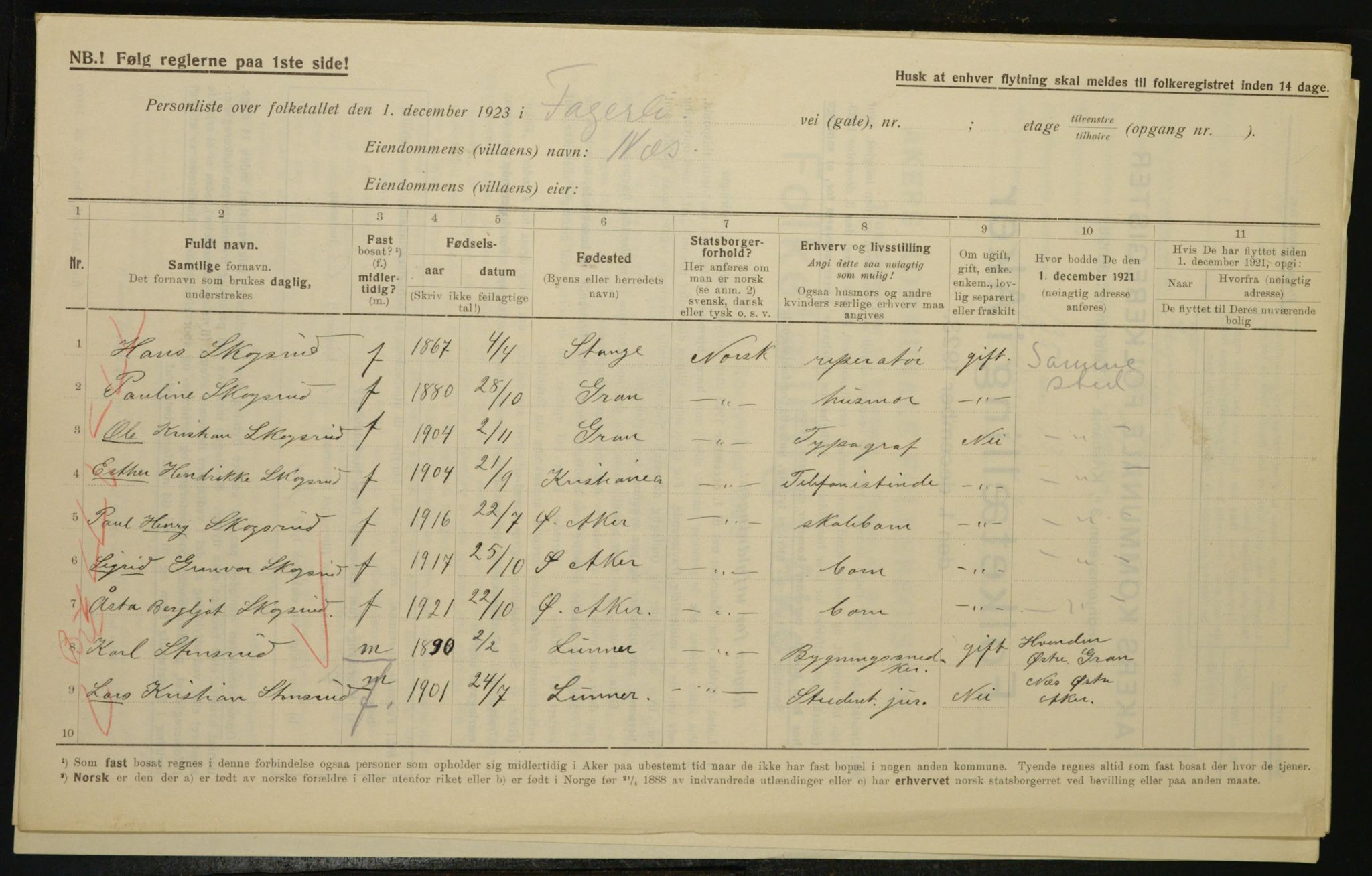 , Municipal Census 1923 for Aker, 1923, p. 23907