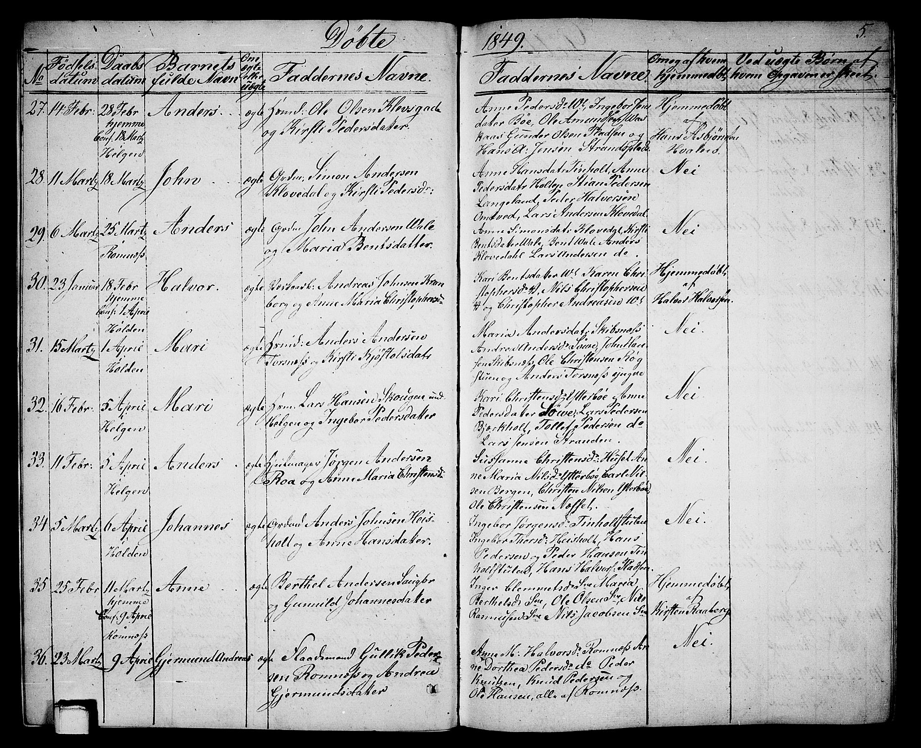 Holla kirkebøker, SAKO/A-272/G/Ga/L0003: Parish register (copy) no. I 3, 1849-1866, p. 5